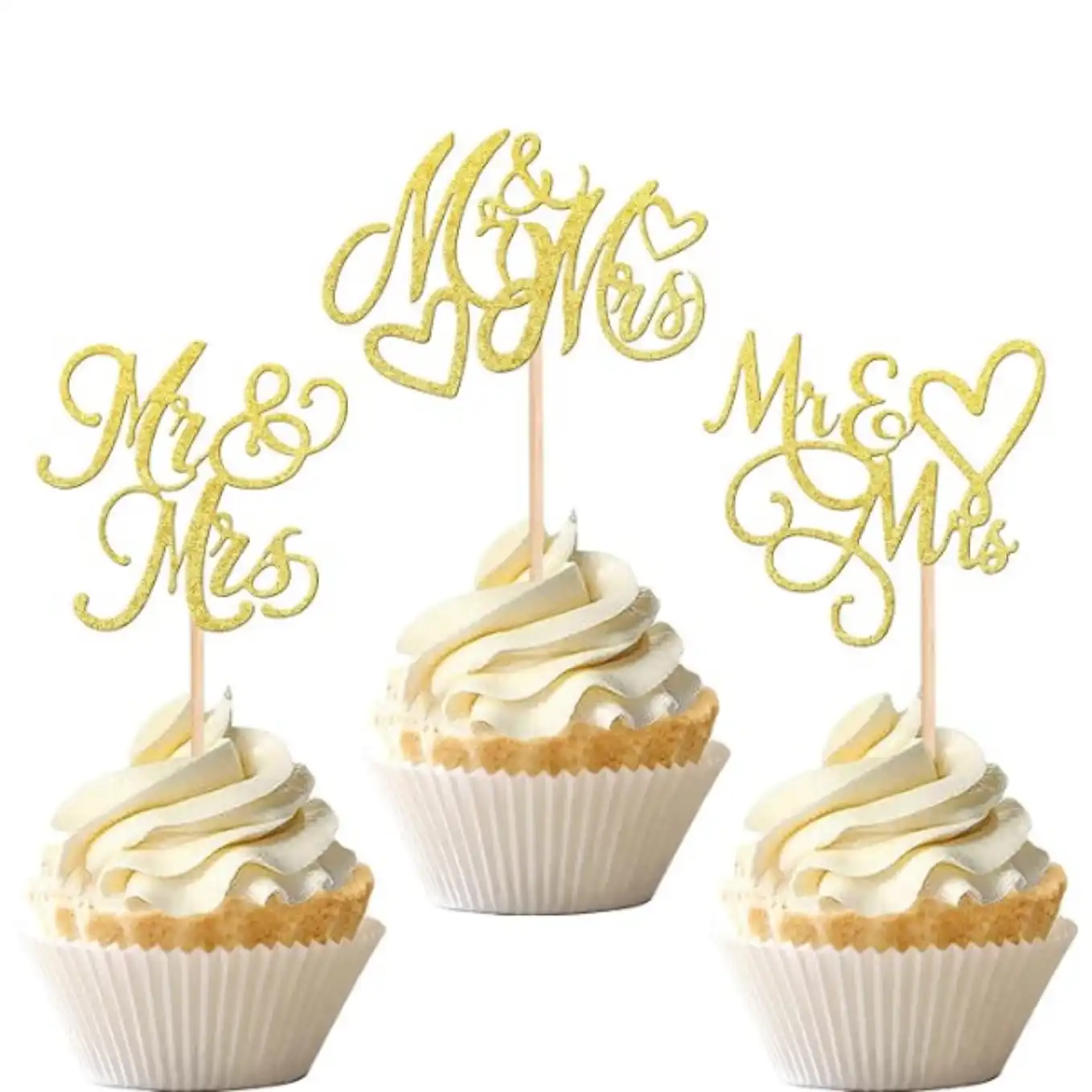 ZHUOWEISM 24 PCS Gold Glitter Mr and Mrs Cupcake Toppers Love Heart Cake Picks