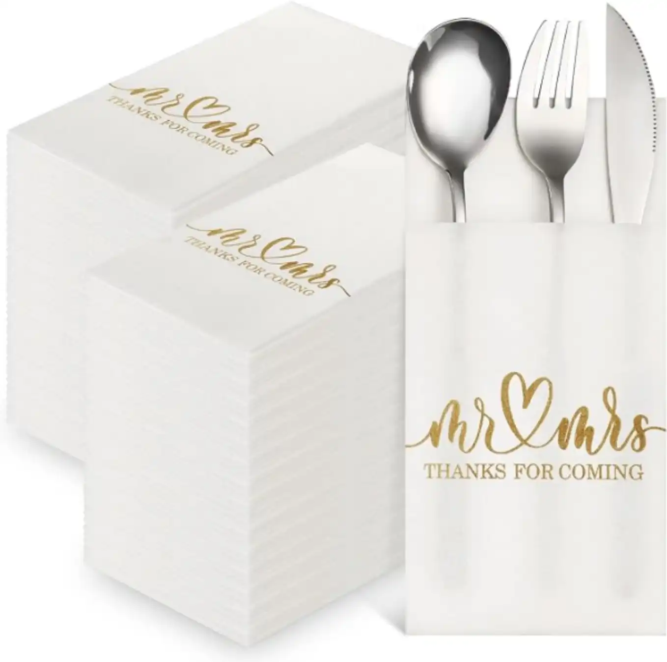 Panelee 100 Pcs Gold Wedding Napkins with Built-in Flatware Pocket Disposable Dinner Supplies