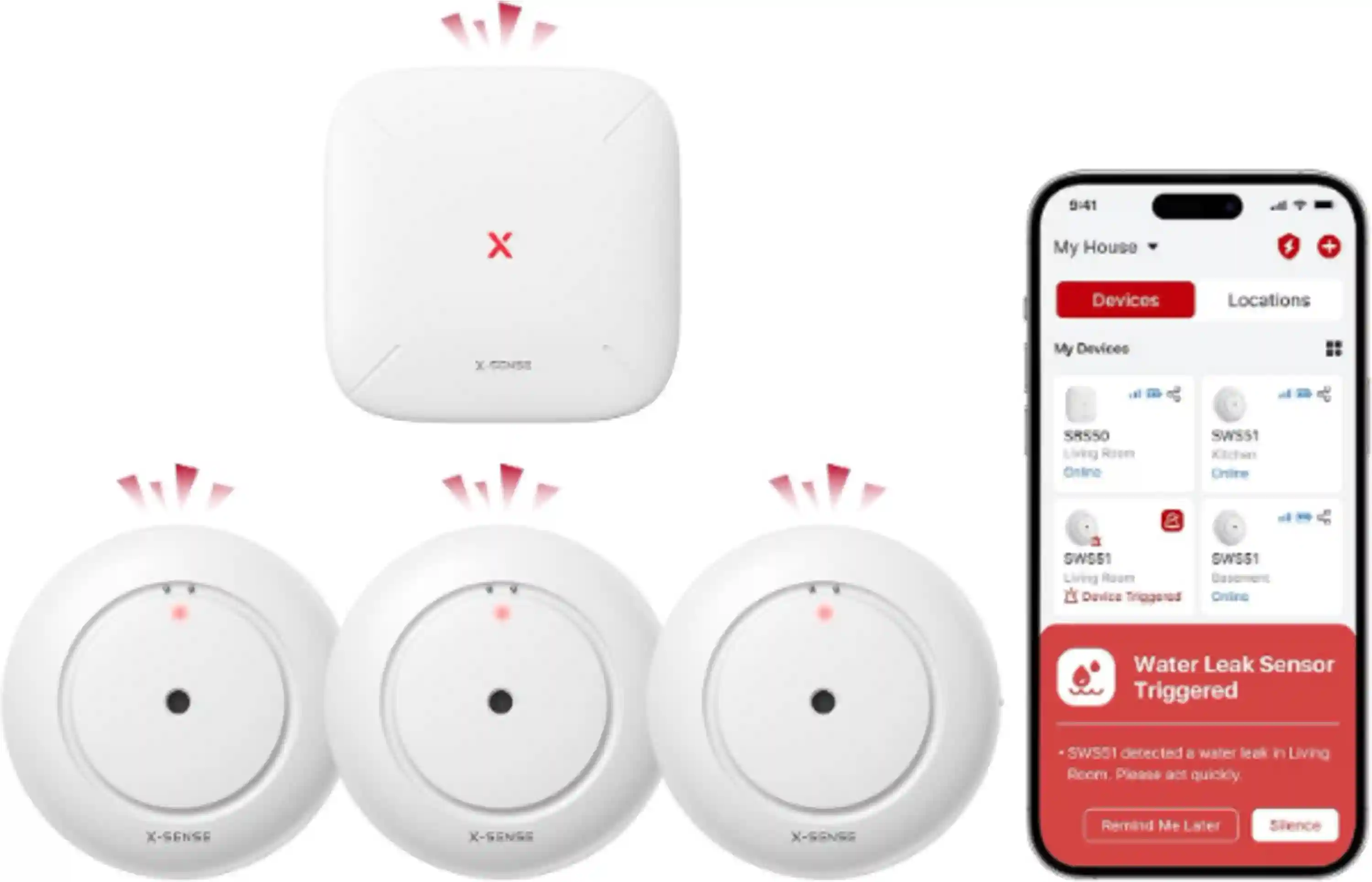 X-Sense Wi-Fi Water Leak Detector Kit, 120 dB, 3 Sensors + Base, SWS54