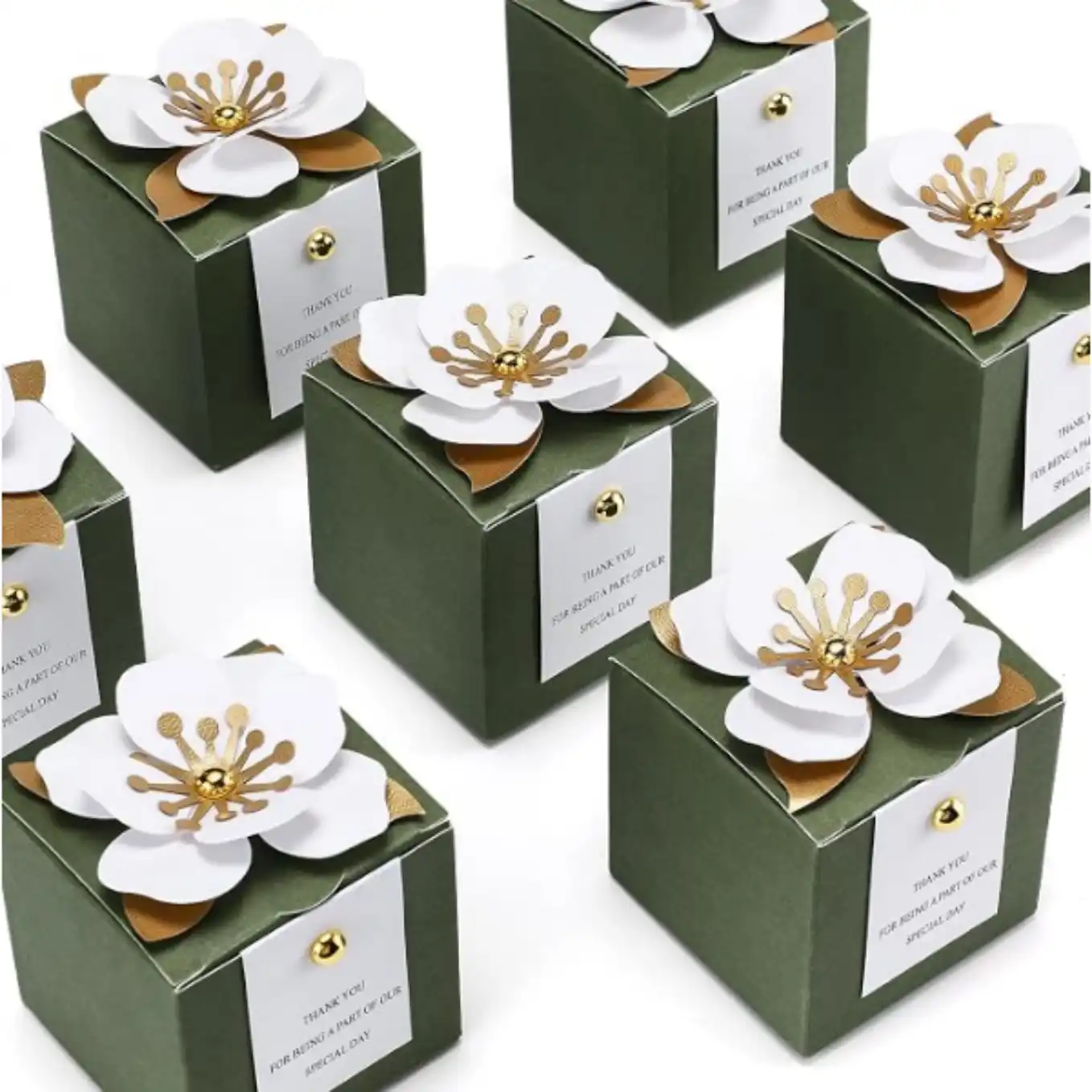 Affrolling 50 Pcs Wedding Favor Boxes with Thanks Card Square Flower Candy Boxes