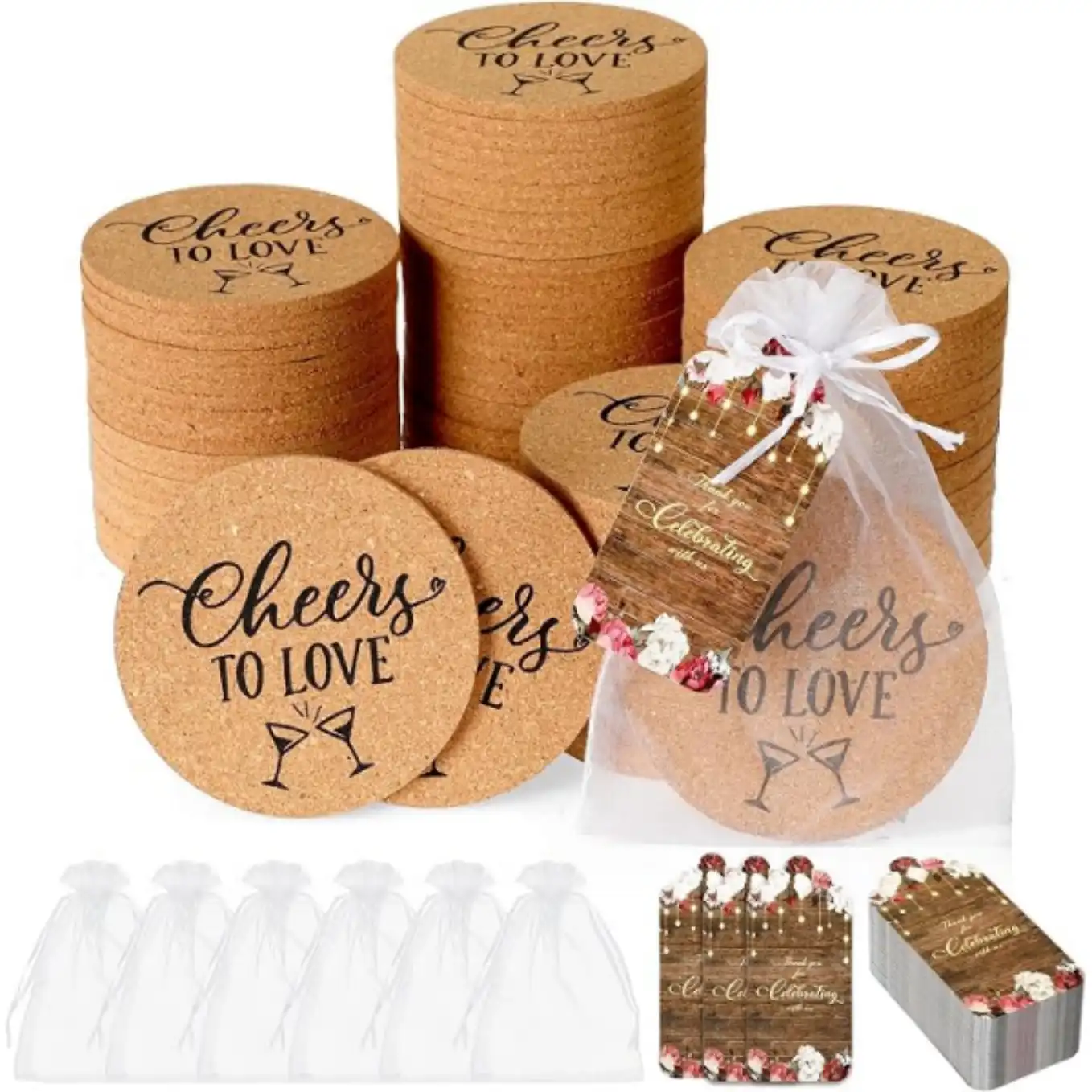 Domensi 100 Set Wedding Favors Cork Coasters with Cards and Bags