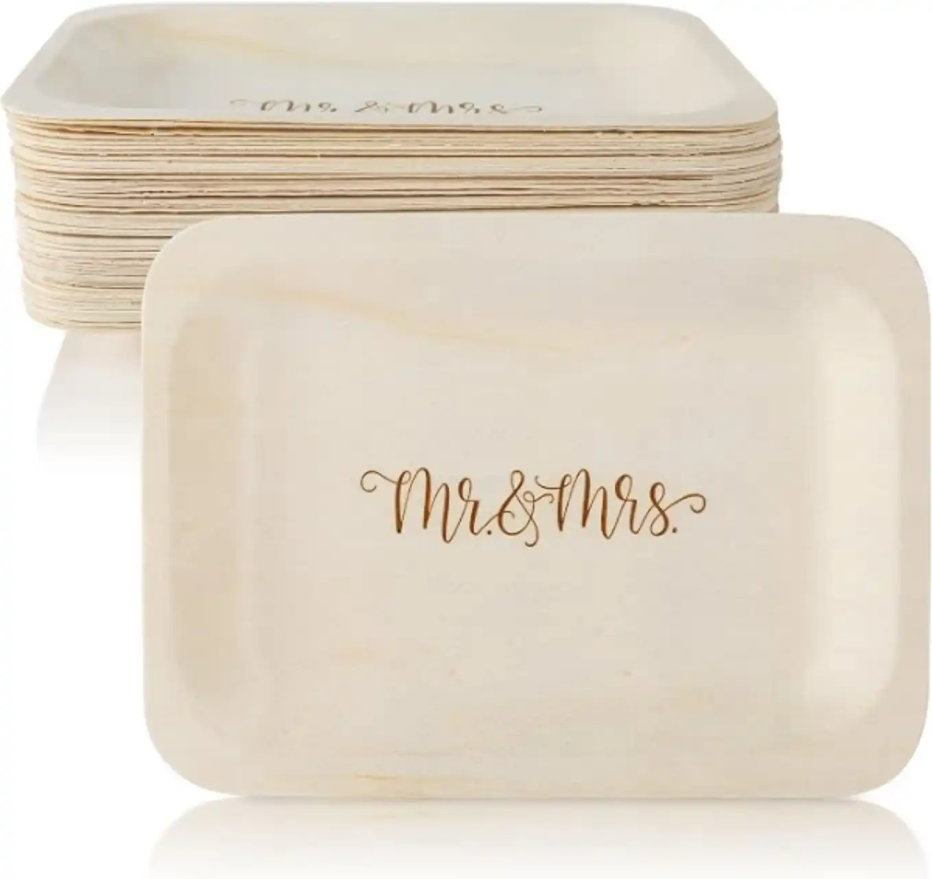 Wood & Wonder Mr. and Mrs. Disposable Wooden Wedding Plates 50 Pack