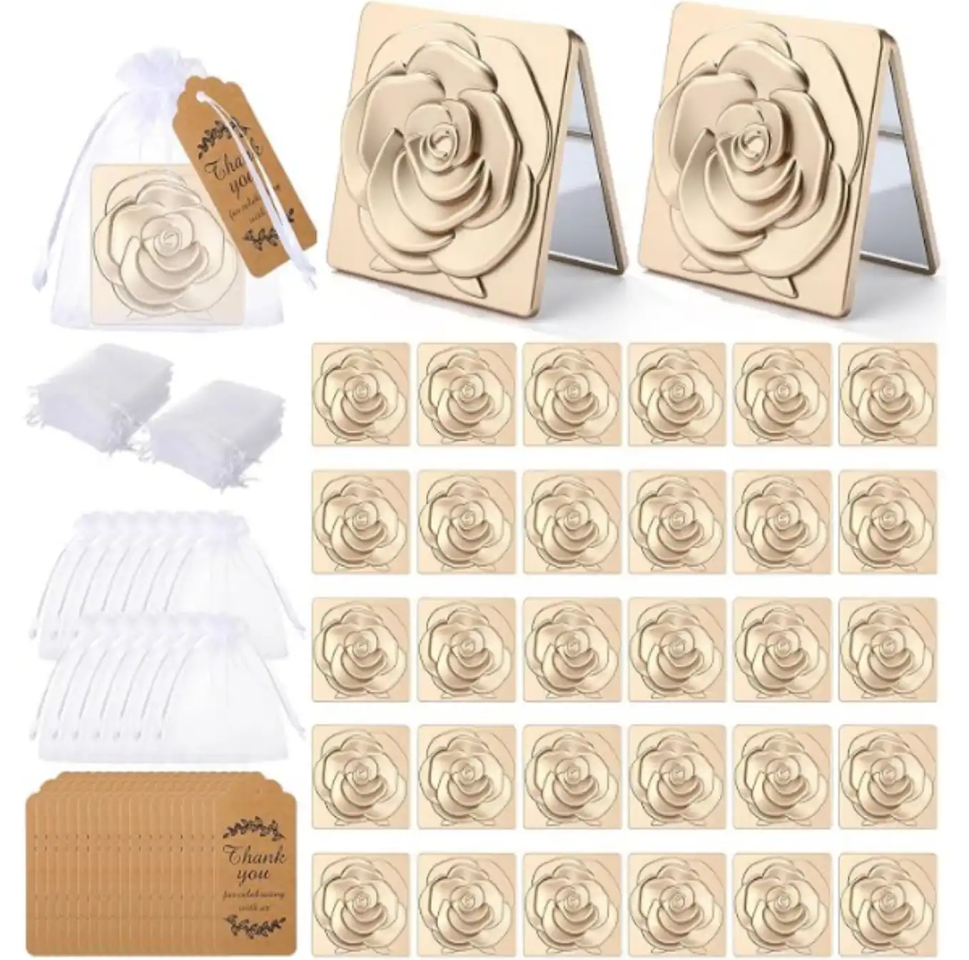 Soaoo 30 Set Gold Compact Mirror Favors with Thank You Tags and Bags