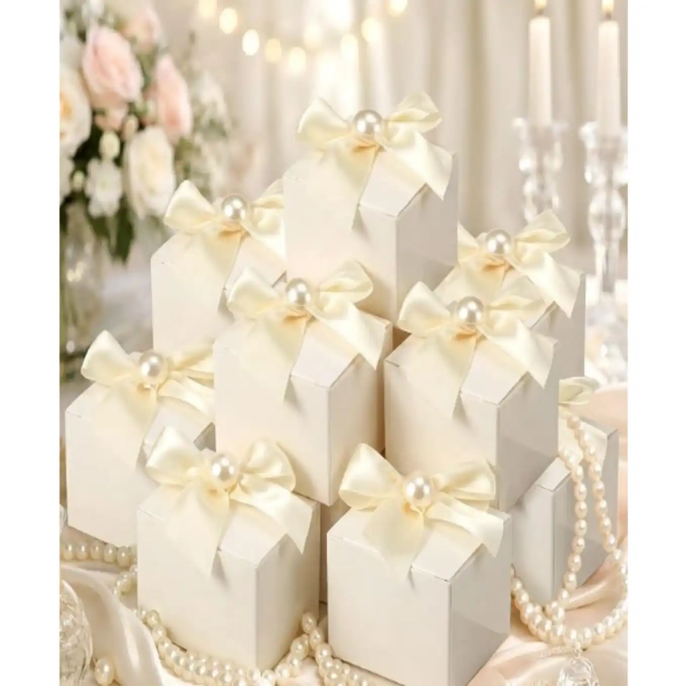 Motiskyy 50 Pcs Wedding Small Party Favor Boxes with Pearl Bow Ivory White Treat Cases