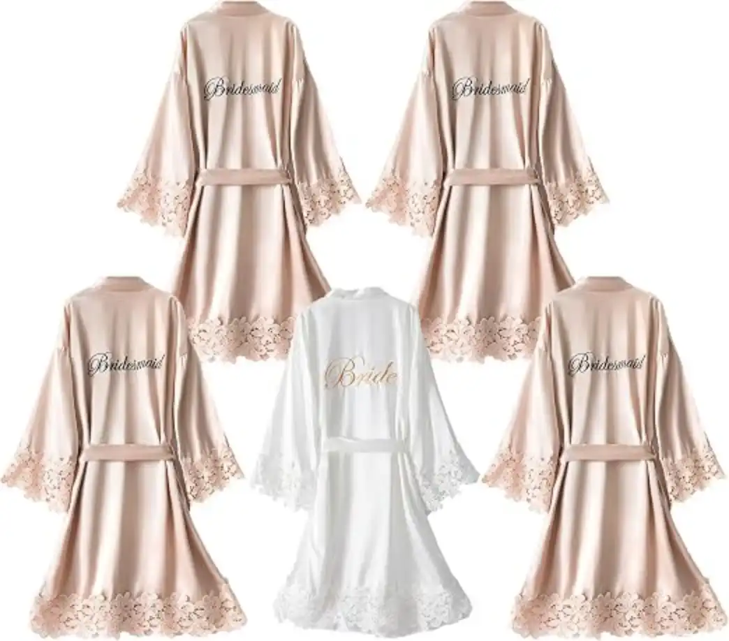 5 Pcs Bridesmaid Kimono Robe Sets Bride Silky Wedding Day Bathrobe with Lace Trim