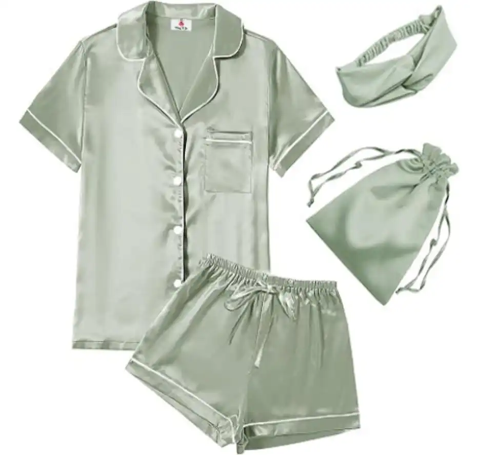 WJing Yi Jia Womens Satin Silky Pajama Sets Short Sleeve Pajamas Set