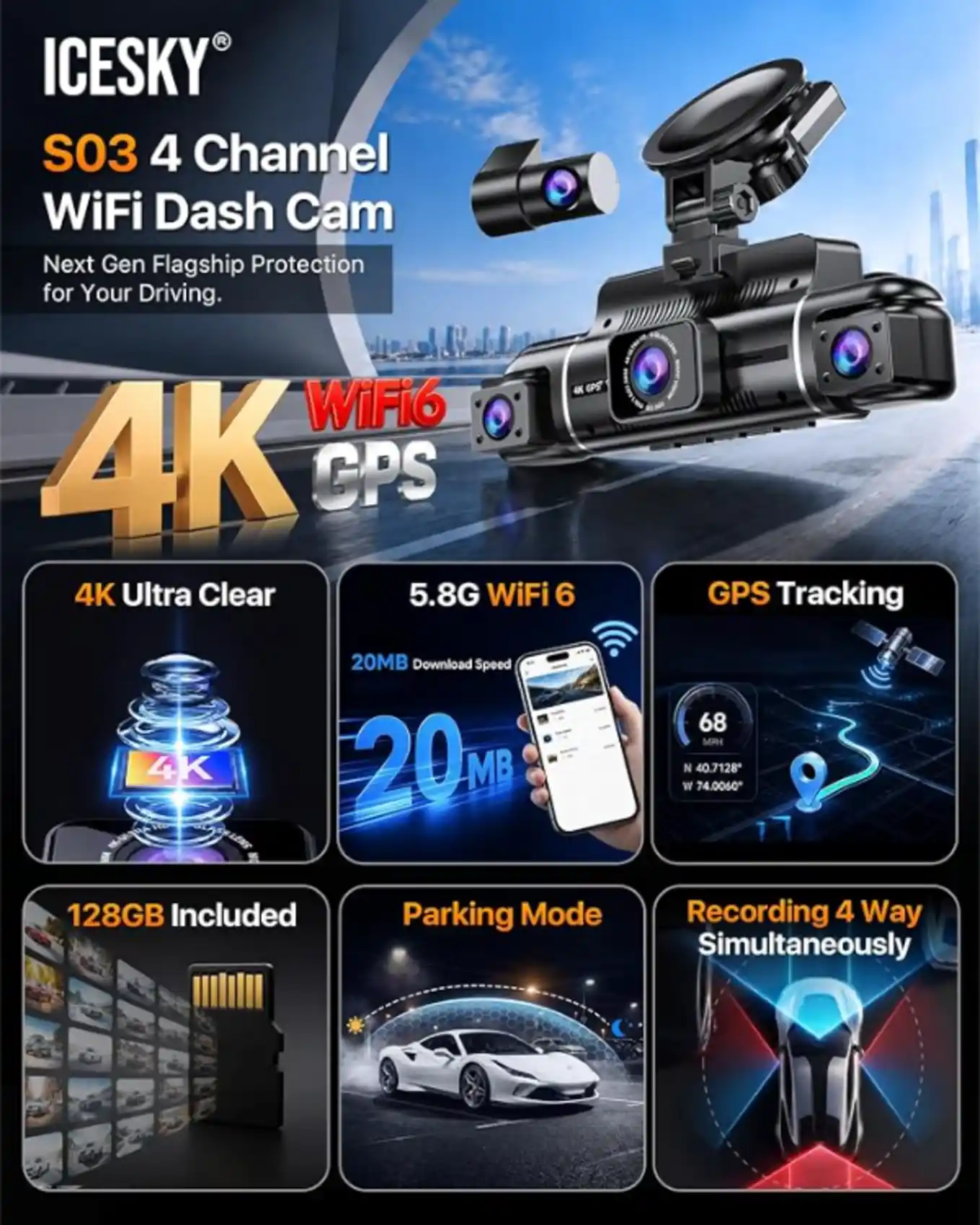 Icesky 4K 4 Channel Dash Cam Front Rear Left Right with GPS and WiFi 6