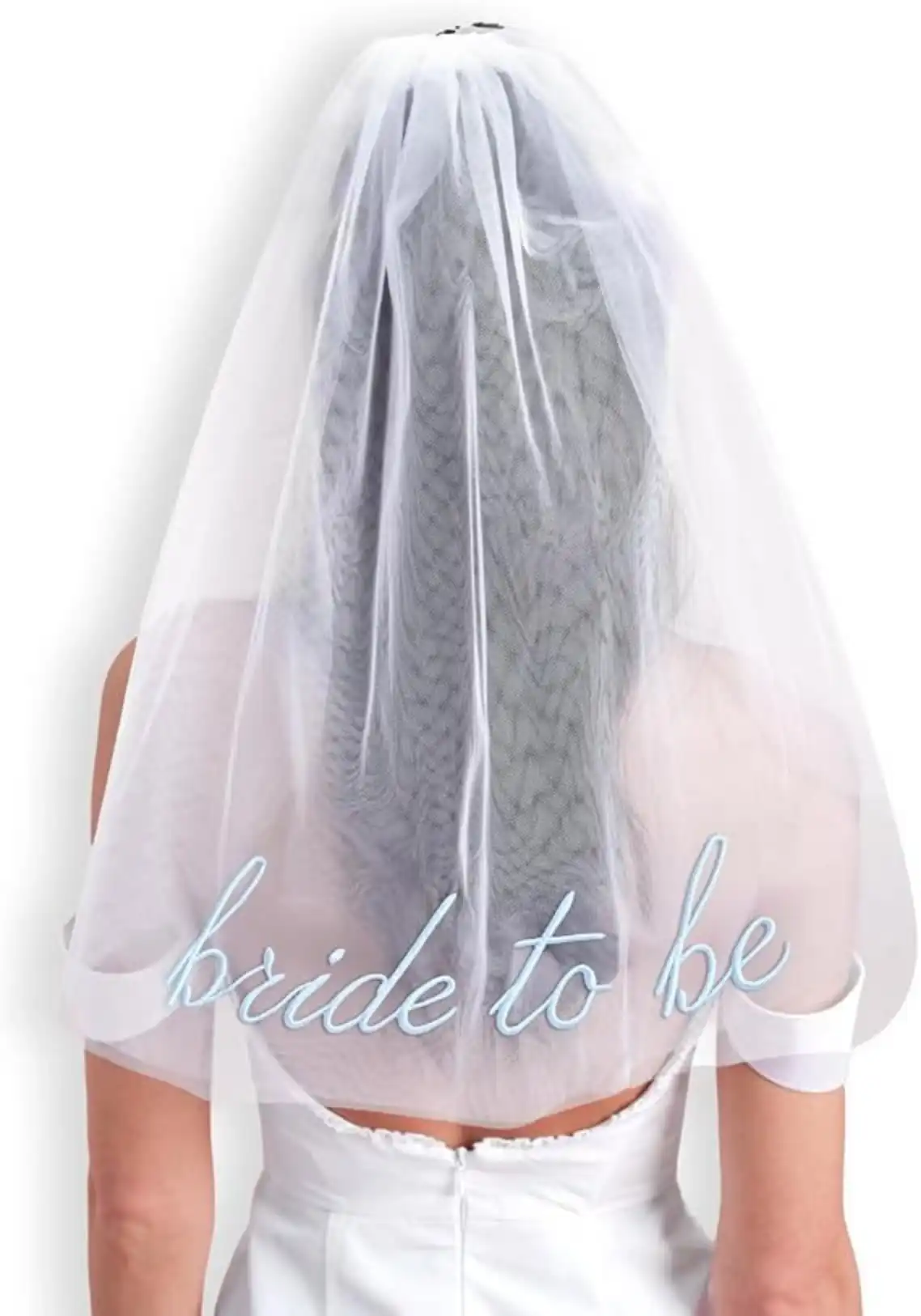 xo Fetti Blue Embroidered Bride to Be White Tulle Veil Hair Accessory