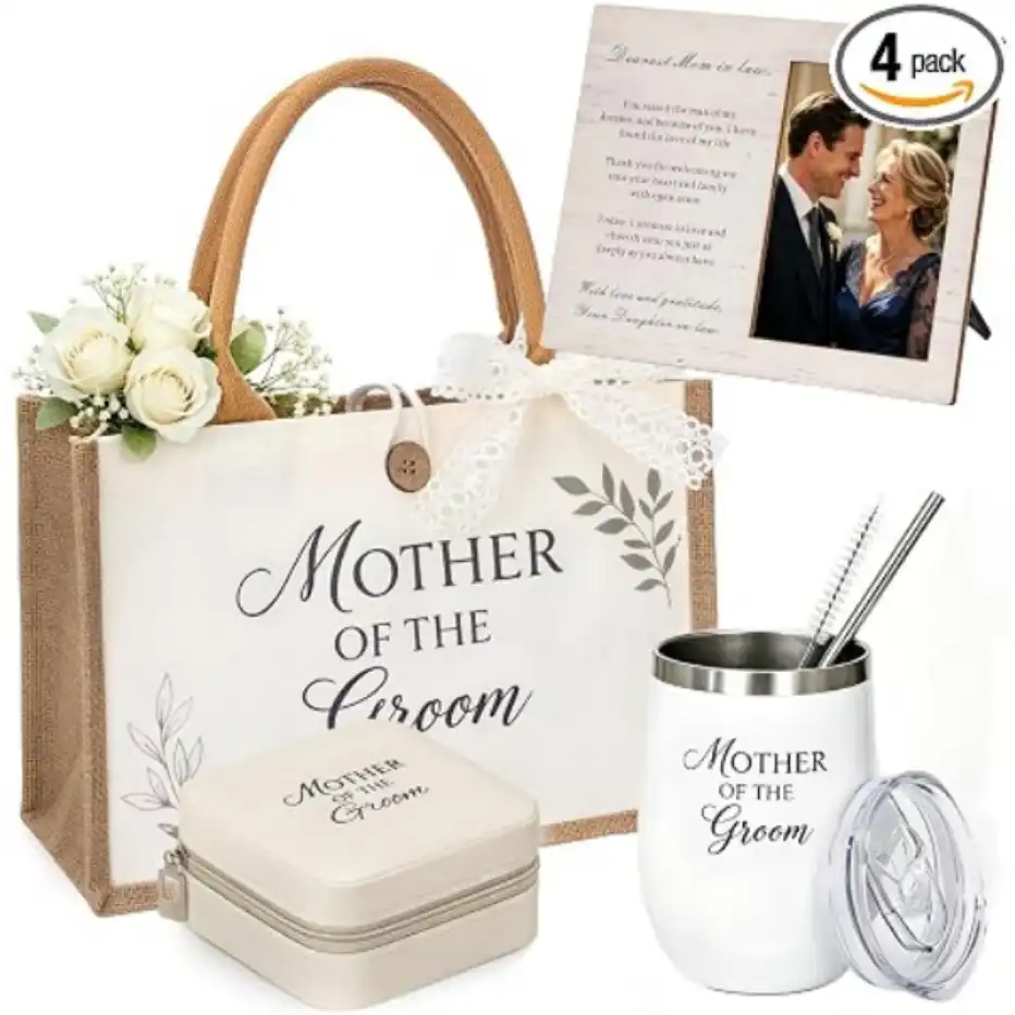 4-Piece Mother of the Groom Gifts Set Tote Bag Tumbler Jewelry Organizer Picture Frame