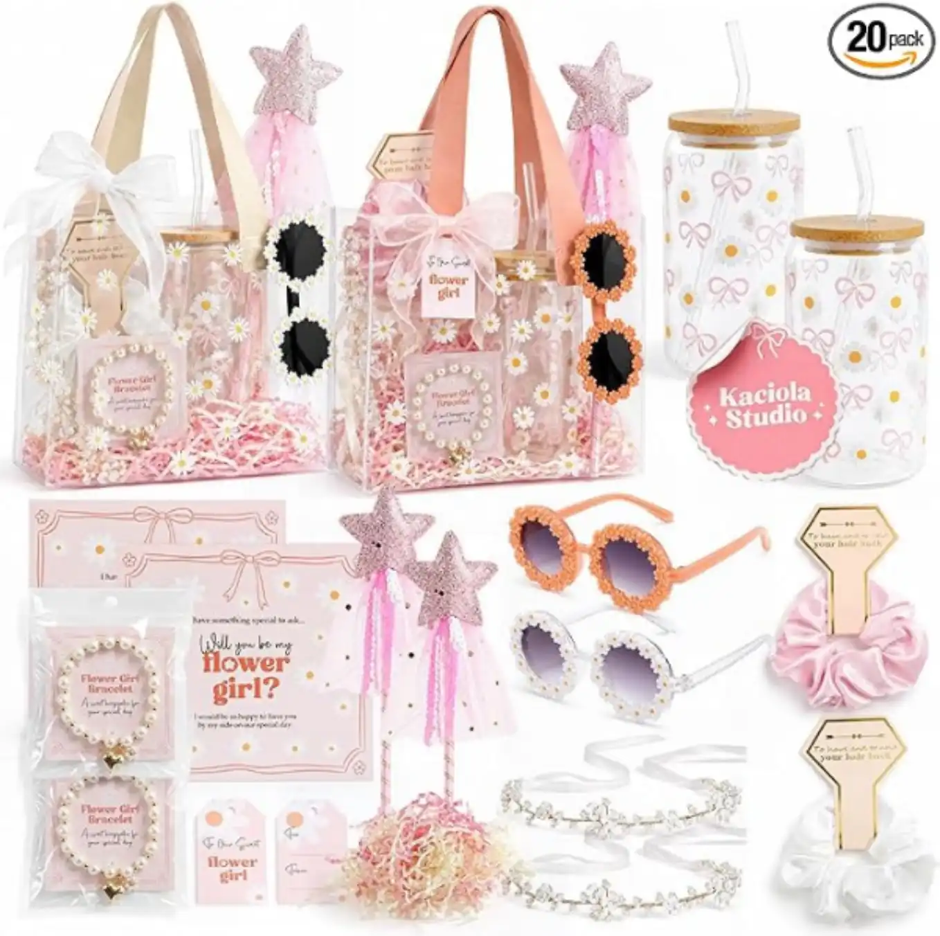 Kaciola 20Pcs Flower Girl Proposal Gift Set Clear PVC Bags Cups Star Wands