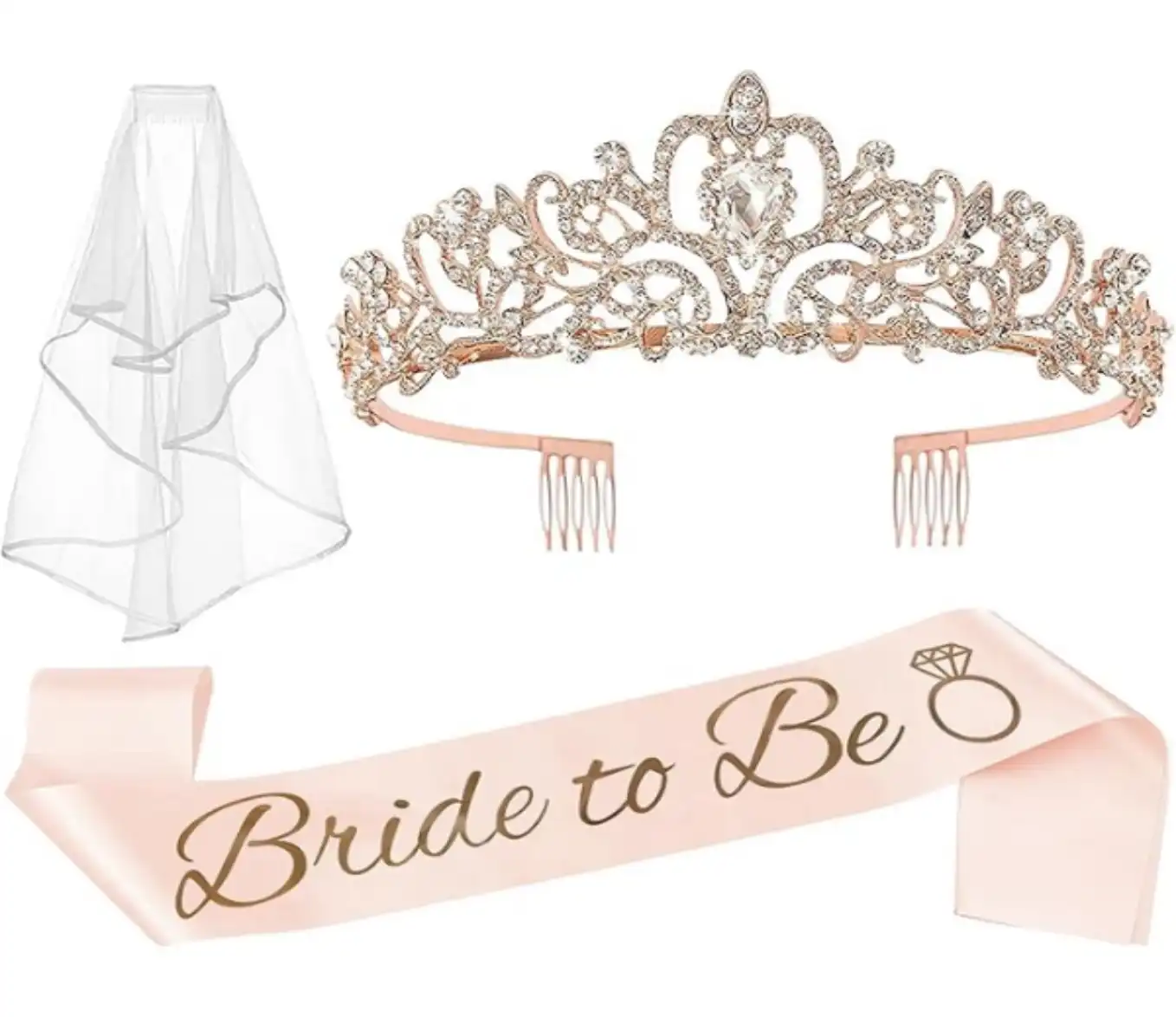 JETKONG 3 Piece Rose Gold Bachelorette Party Crown Sash and Veil Set