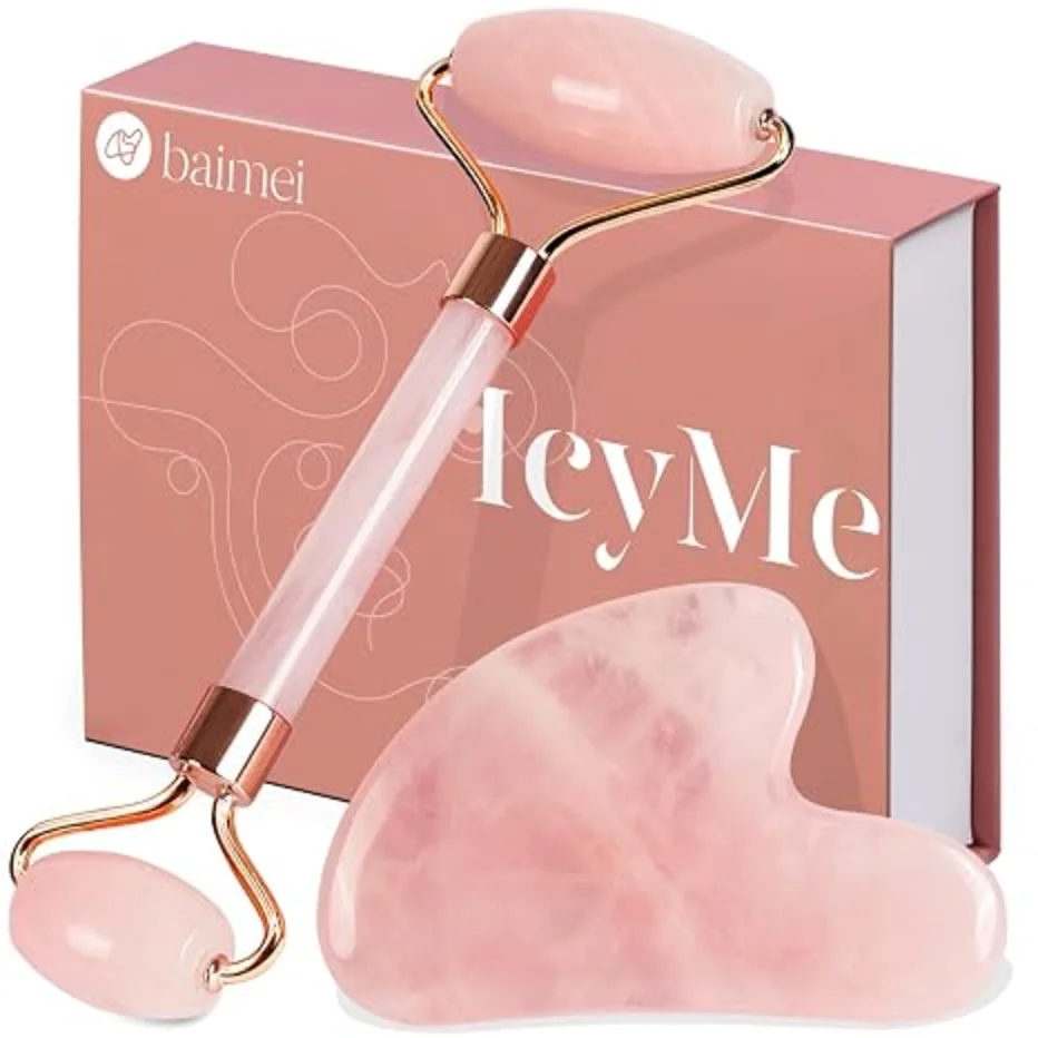 BAIMEI IcyMe Rose Quartz Roller and Gua Sha Facial Tool Set