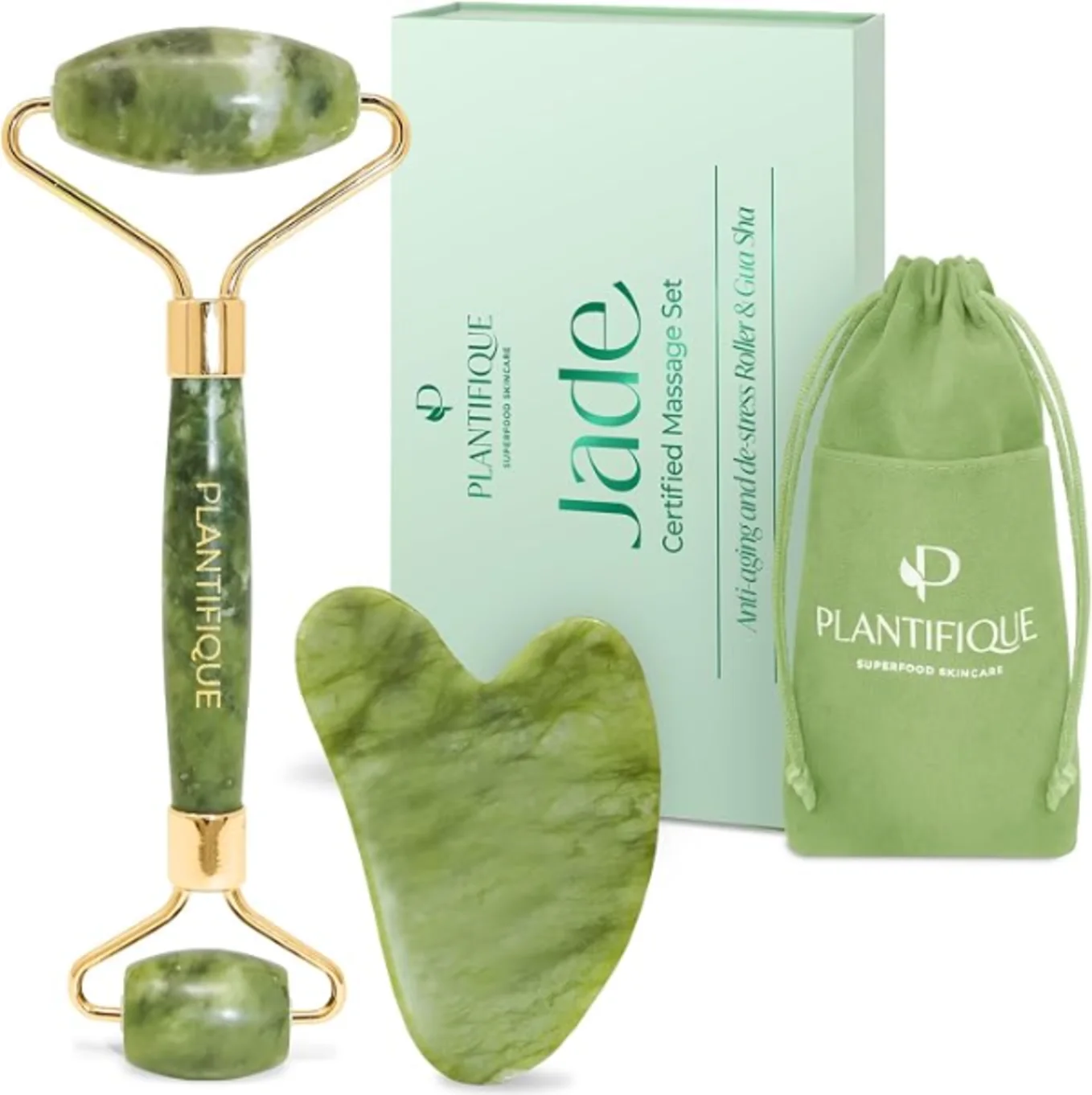 PLANTIFIQUE Jade Gua Sha Facial Tool and Face Roller Set