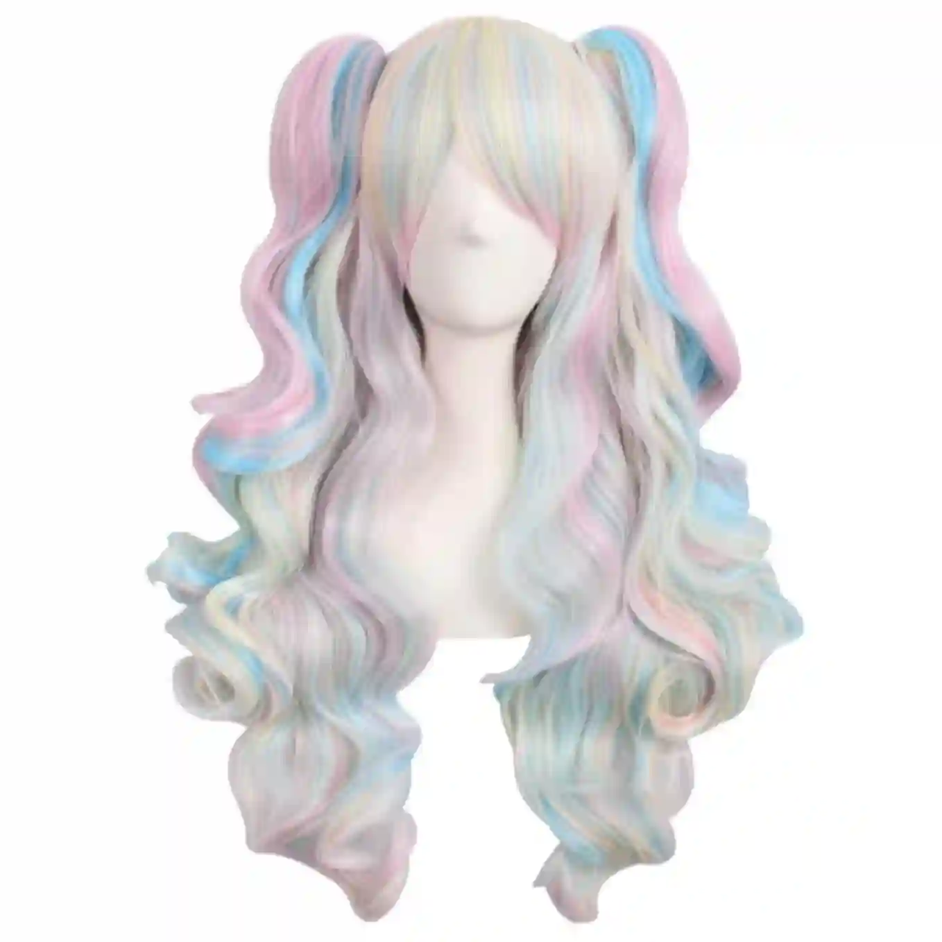 MapofBeauty Lolita Long Curly Clip On Ponytails Cosplay Wig Pink Blue Gold Synthetic Fiber