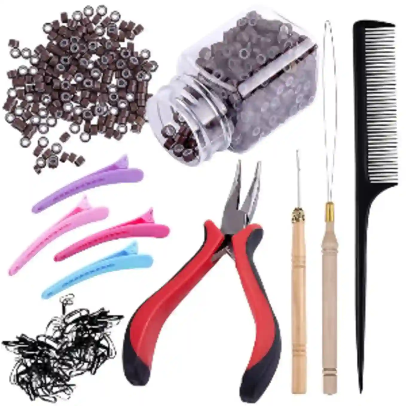 Duufin Hair Extension Tool Kit Five Hundred Piece Brown Silicone Lined Micro Ring Beads With Pliers Set