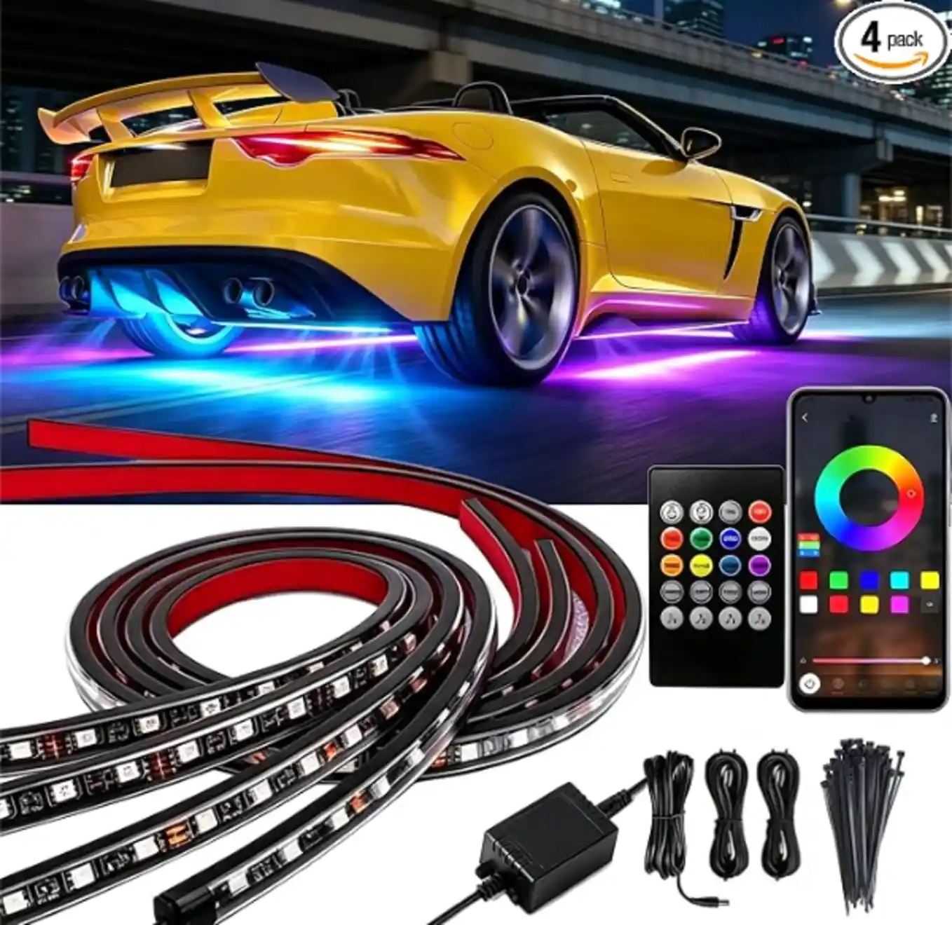 Covmnky Four Piece RGB Car Underglow LED Lights Neon Accent Underbody Lighting Kit