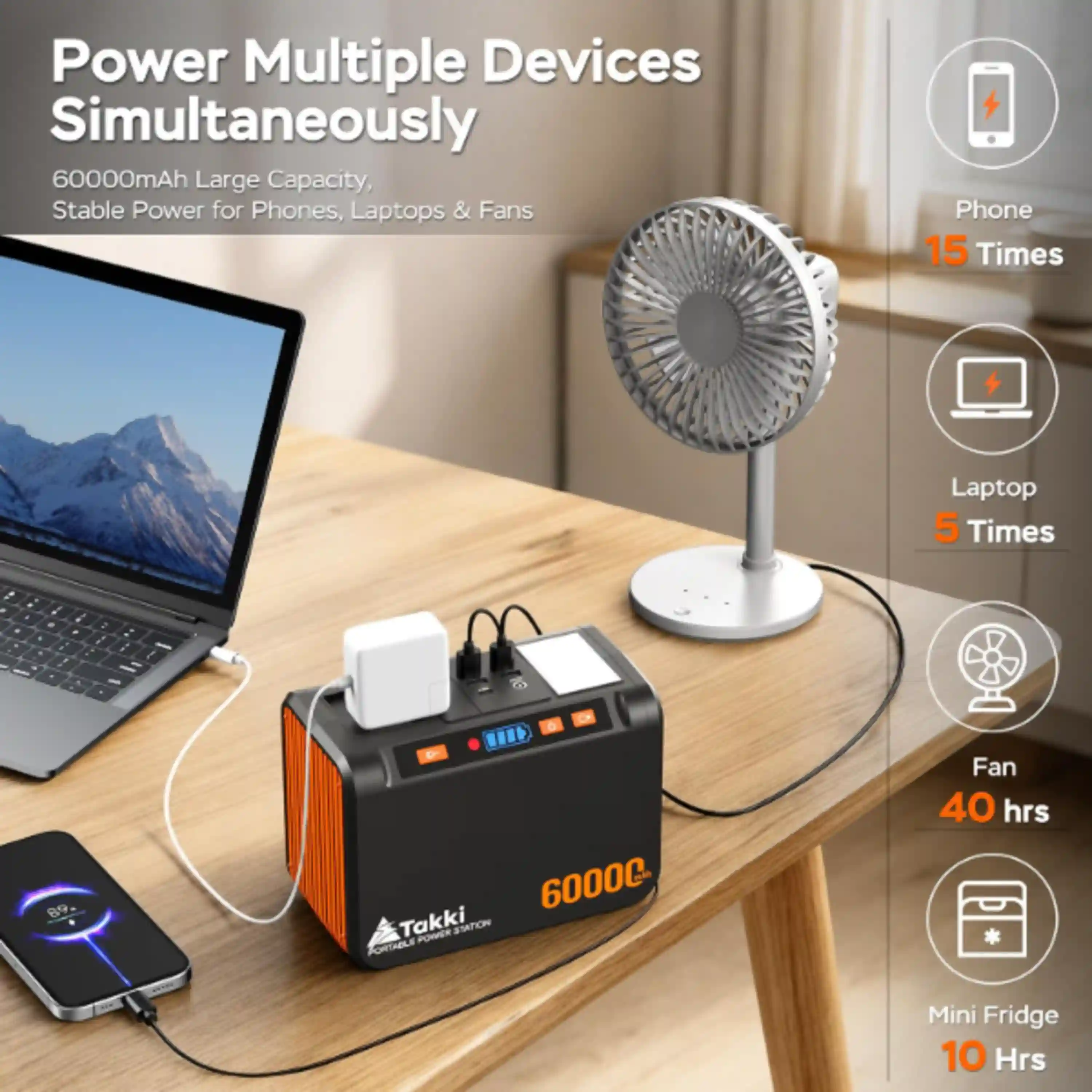 Takki Solar Generator Peak 450W Portable Power Station with 60W Solar Panels 222Wh Pure Sine Wave Camping Lithium Battery Power Pack with AC 110V Outlet for Camping CPAP Home Use Emergency Outdoor