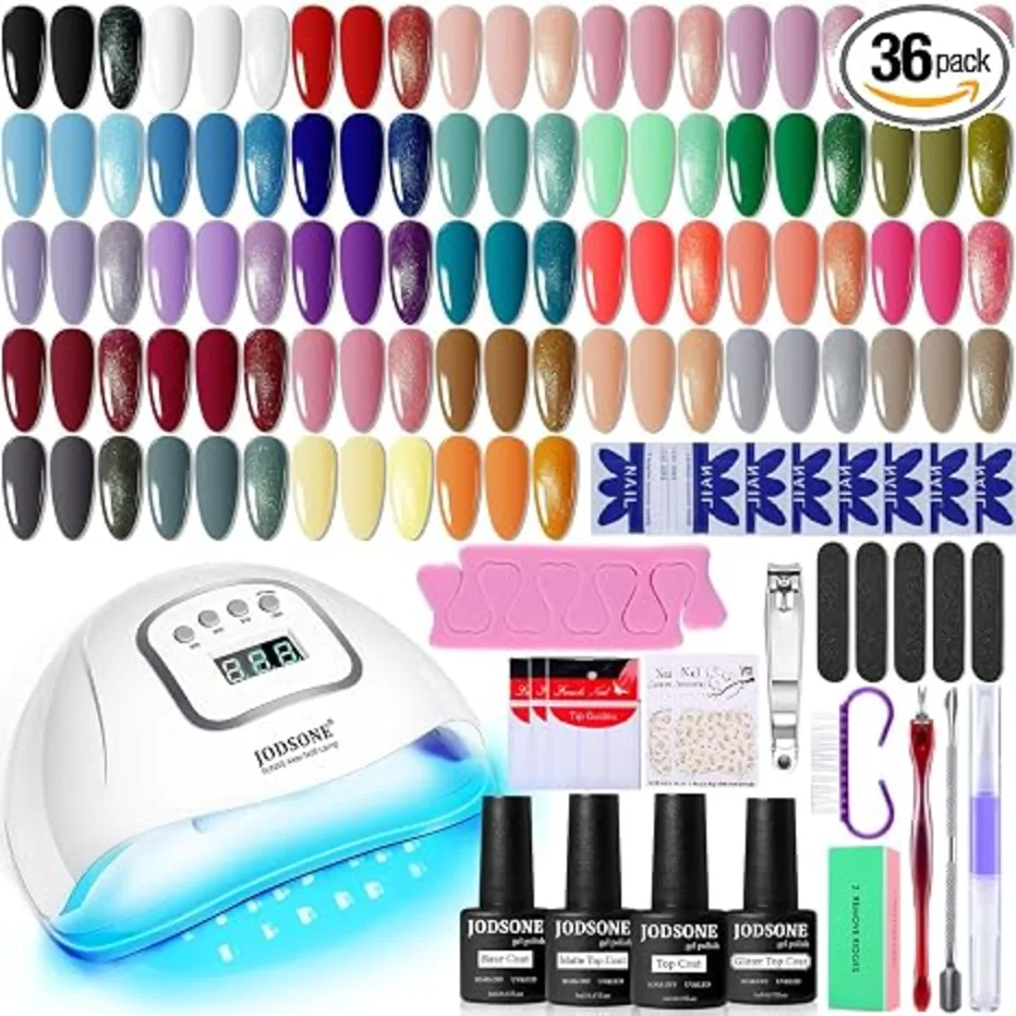 JODSONE Gel Nail Polish Kit with UV Light 32 Colors Gel Polish Nail plus 4 Functional Adhesive Bottles Kit Soak Off Manicure Tools Gifts for Women