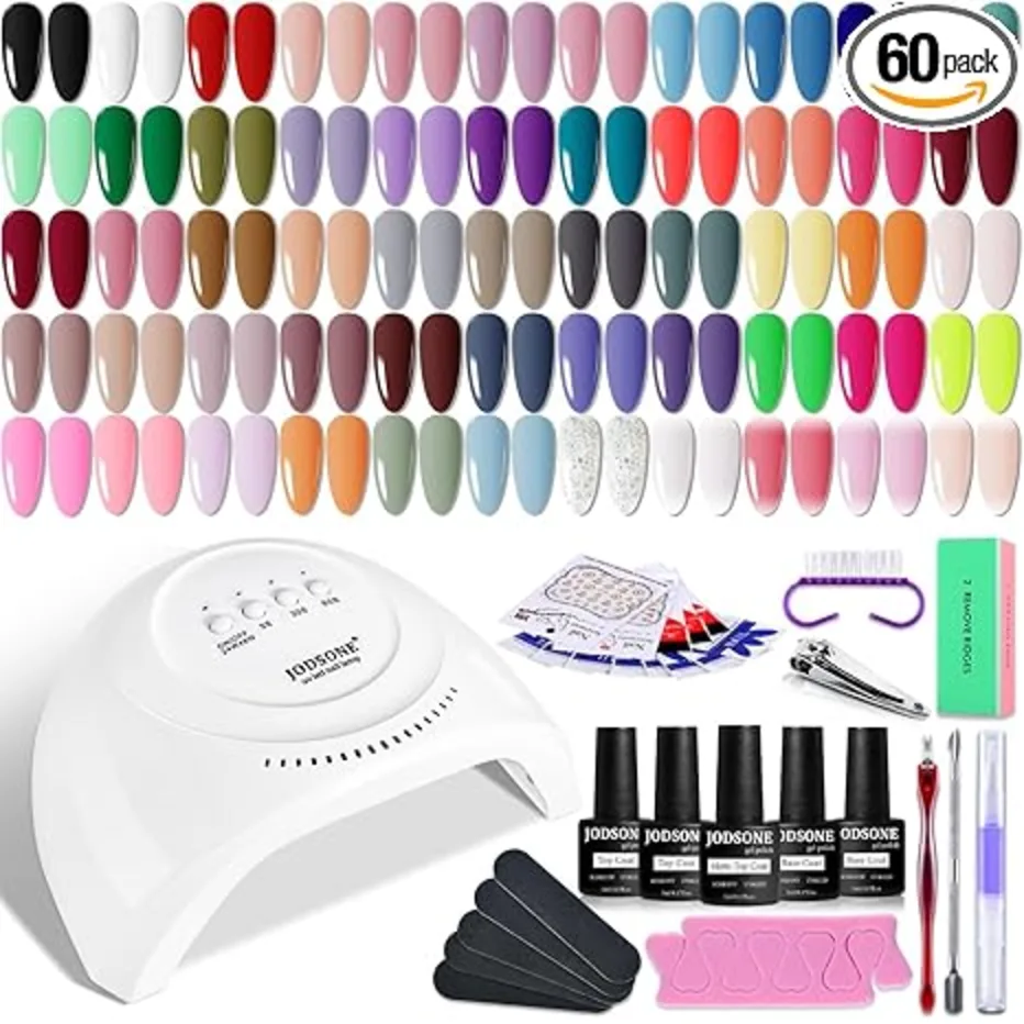 JODSONE Gel Nail Polish Kit 60 PCS with UV Light Soak off Base Top Coat 55 Shine Colors Gel Nail Kit Bright and Dark Brown Wine Red Series Manicure Set for Women and Girls