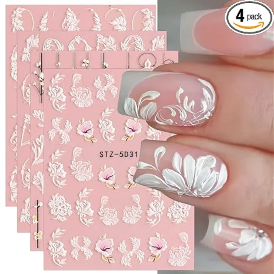 5D Spring Embossed Flower Nail Art Stickers 4 Sheets JMEOWIO Real Self-Adhesive Decals Floral Design Nail Decoration for Women Girls