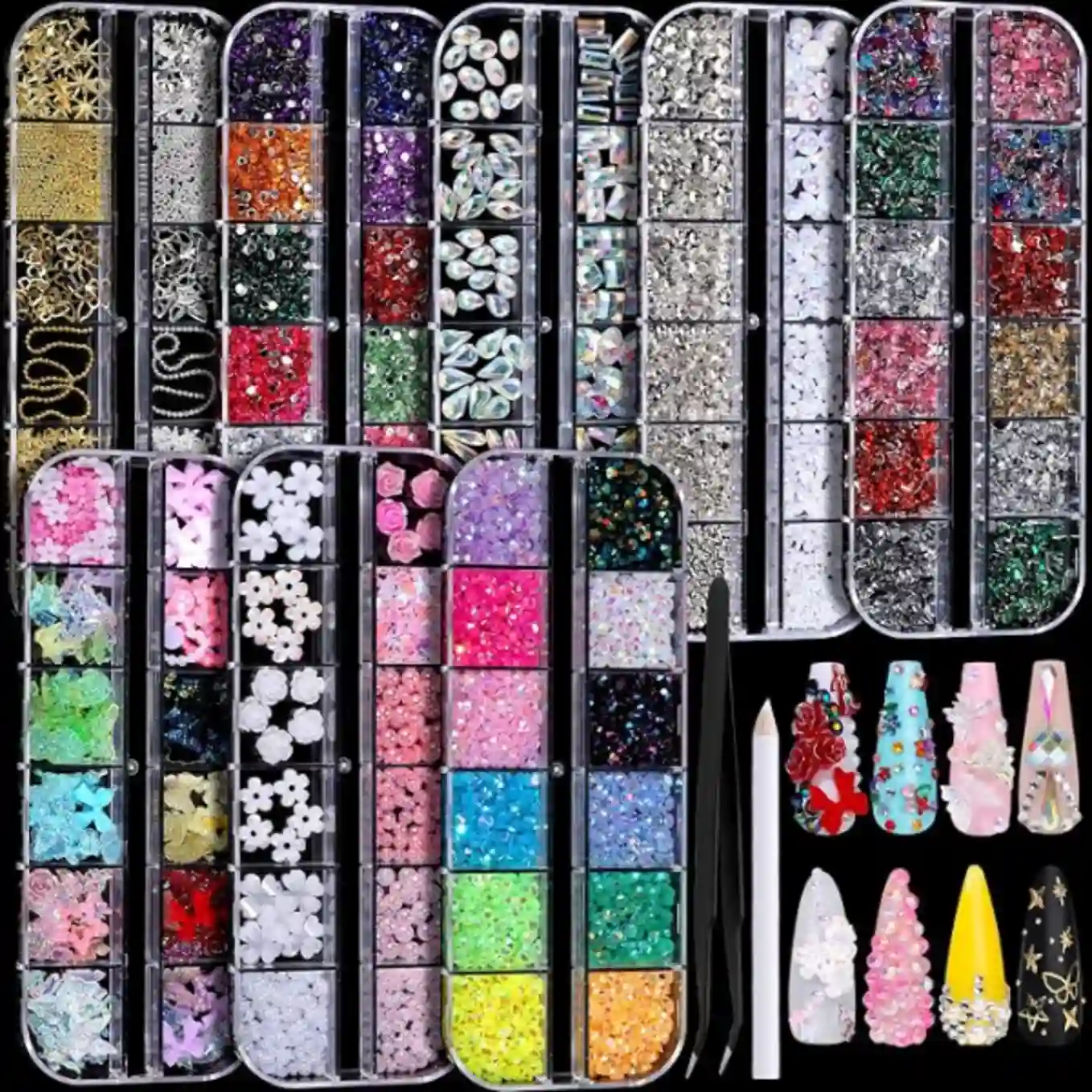 FANDAMEI Nail Charms Nail Rhinestones Kit with 8 Boxes of Nail Gems Bedazzling Kit Colorful Clear Flatback Rhinestones Charms Y2K Multi Shape Nail Art Accessories for Crafts