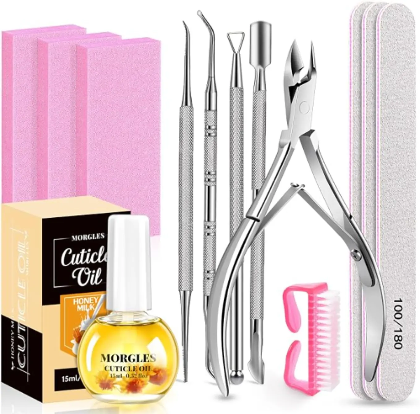 MORGLES Nail File and Buffer Blocks with Nail Care Kit 13 Pcs Manicure Kit for Women with Milk and Honey Cuticle Oil Cuticle Trimmer Set