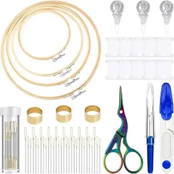 Mudder 53 Pcs Cross Stitch Kit with Bamboo Embroidery Hoops Needles Scissors Seam Ripper Starter Set