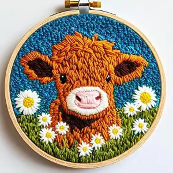 DIY Punch Needle Kits Highland Cow with Daisy Flower Beginner Starter Craft Set with Hoop