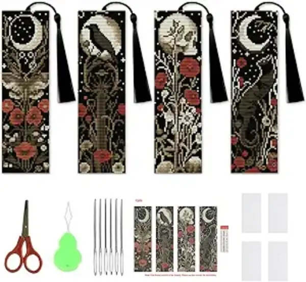 NEGEKFKX 4 Pcs Flower and Bohemia Moth Cross Stitch Bookmark Kit 14 CT Stamped Bookmark Set