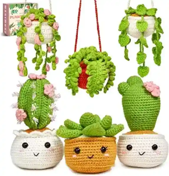 MAGIMUSE Crochet Kit for Beginners 6 Pack Hanging Potted Plants Family Amigurumi Starter Set