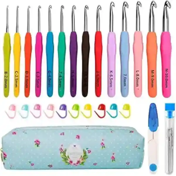 Yarniss Ergonomic Crochet Hooks Fourteen Size Set with Soft Silicone Grip Handles Yarn Needles and Storage Case