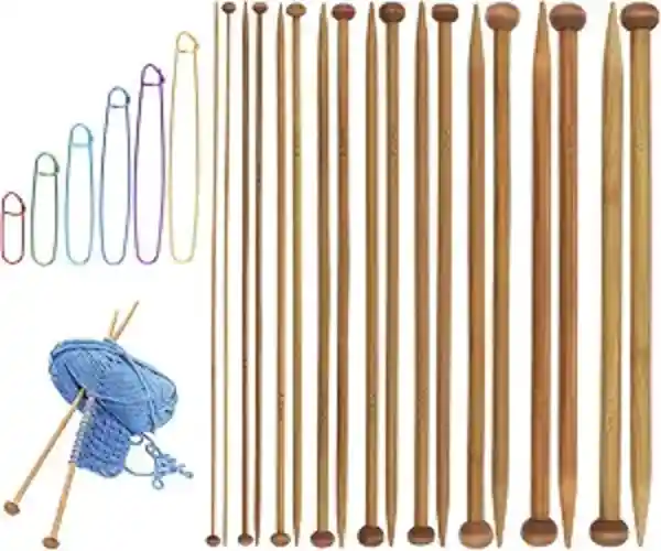 IGVSP Bamboo Knitting Needles Set with Single Point Wooden Needles Stitch Holders for Scarves Hats Beginners