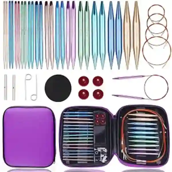 Yarniss Thirteen Pairs Circular Knitting Needle Set Aluminum Interchangeable Round Needles with Cables and Purple Case