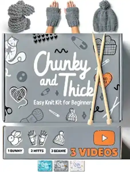 Granny Squirrel Complete Beginner Knitting Kit with Bulky Gray Yarn Bamboo Needles and Video Tutorials