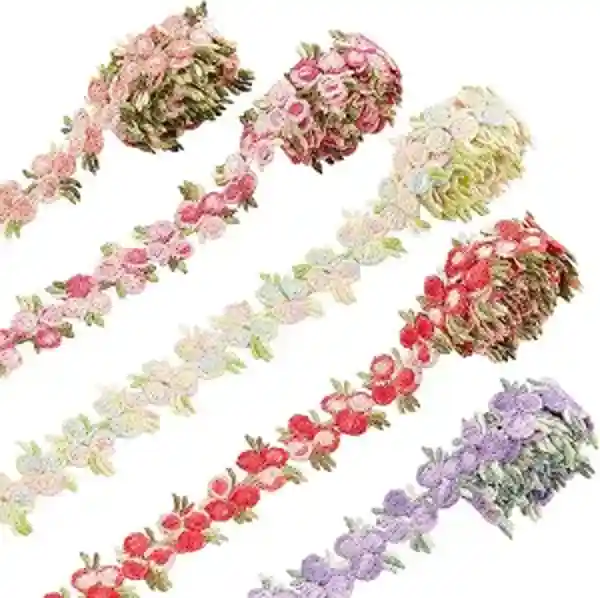 GORGECRAFT 5 Colors Flower Trim Ribbon Floral Lace Applique Sewing Craft Rose Edge Trim Decorating Embroidered Polyester 5 Yards