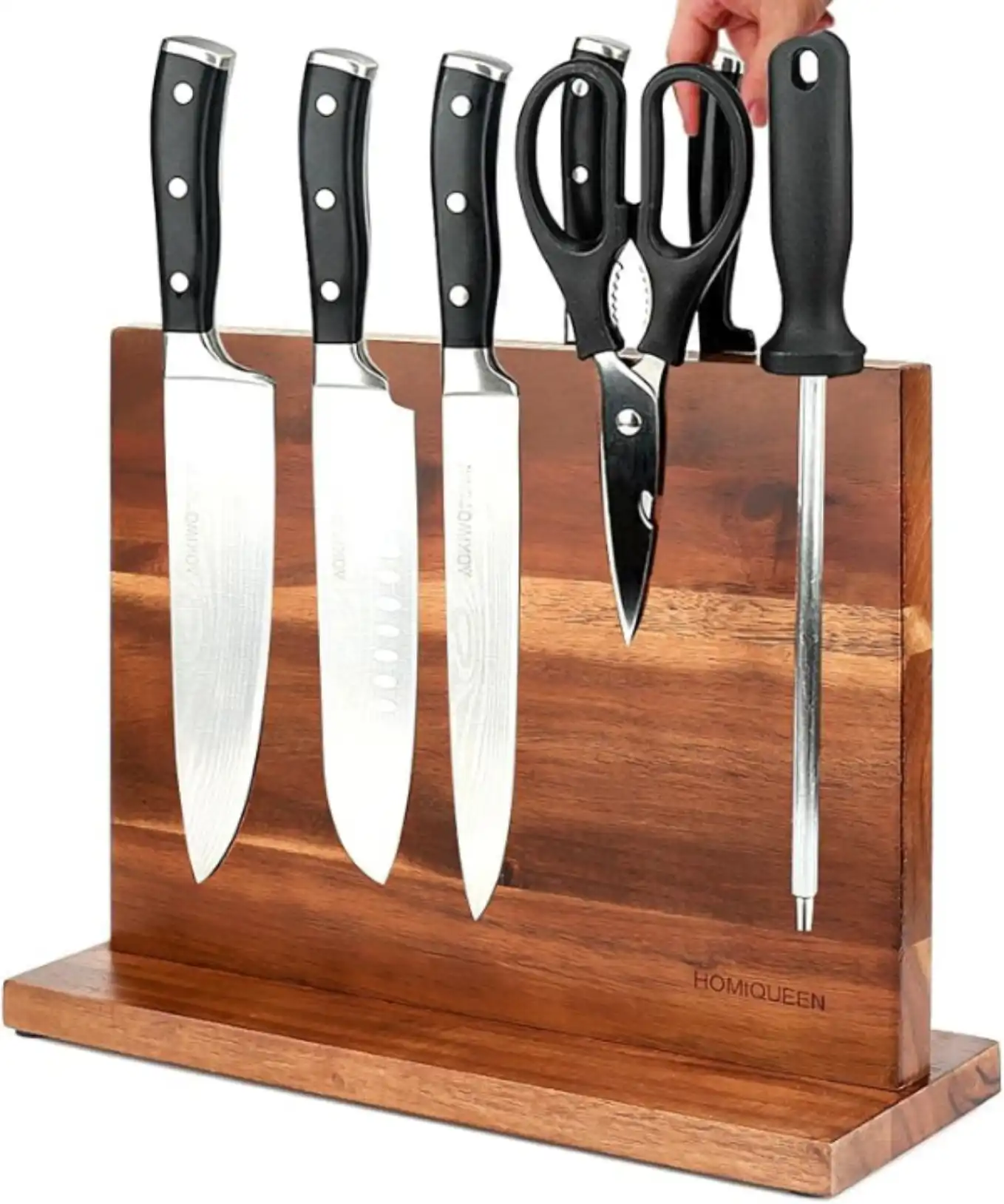 HOMIQUEEN Double Sided Magnetic Knife Block Acacia Wood Storage Stand Rack