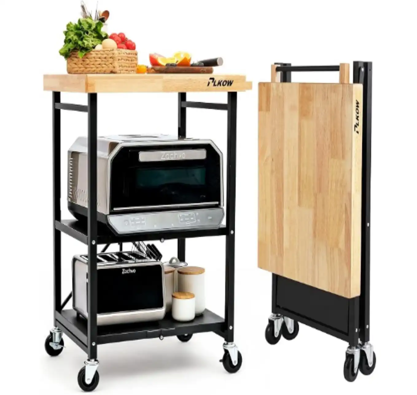 PLKOW Foldable 3-Tier Rolling Kitchen Cart with Solid Oak Top Black Mobile Utility Storage Island