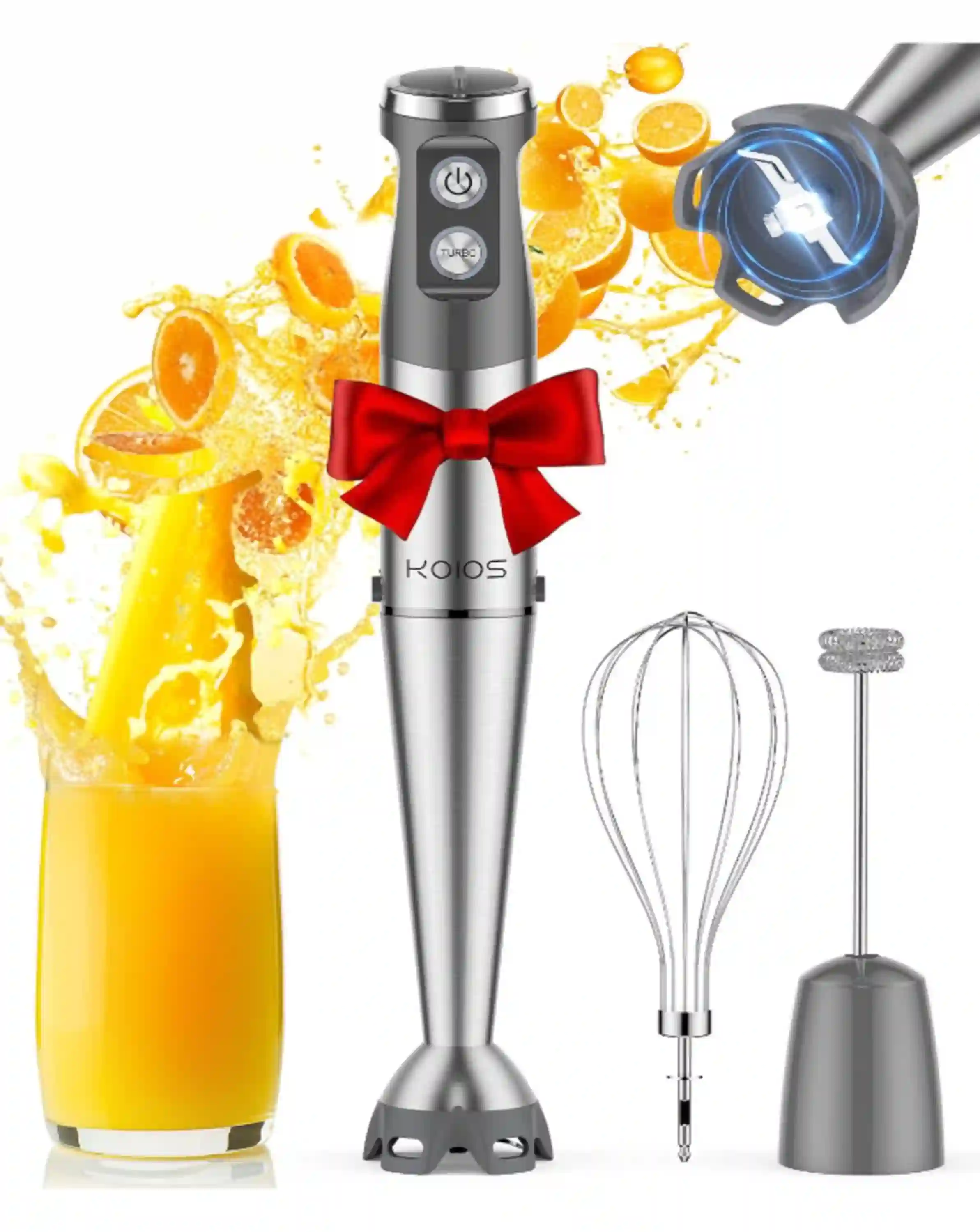 KOIOS 1000W Anti-Scratch 3-in-1 Immersion Blender with 12 Speeds Whisk Milk Frother Silver