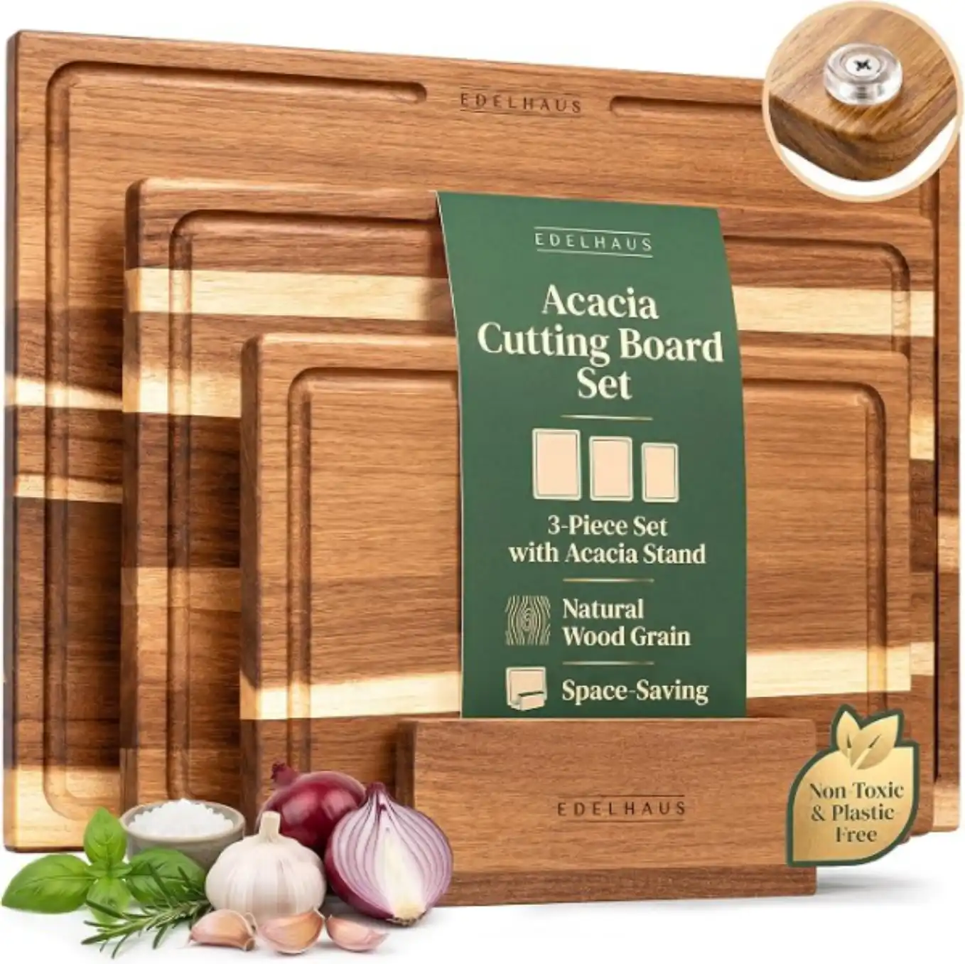 EDELHAUS Acacia Wood Cutting Boards for Kitchen Set of 3 with Juice Groove and Stand