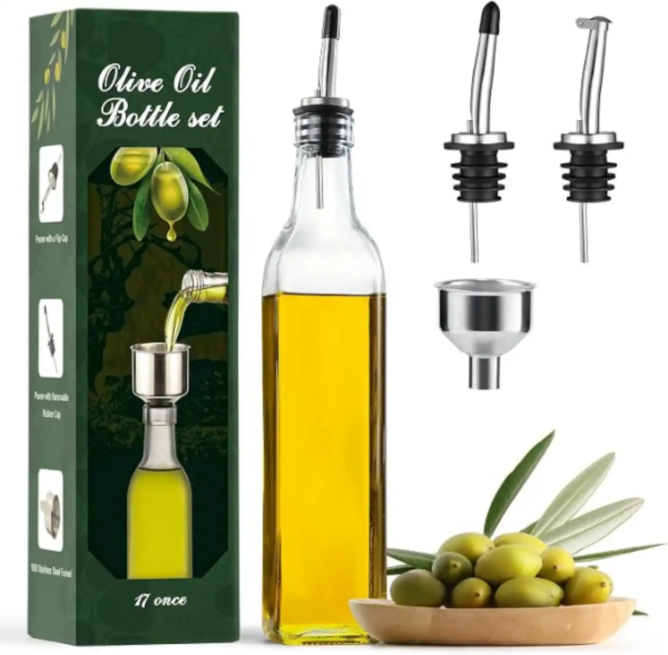 AOZITA 17oz Clear Glass Olive Oil Dispenser Bottle with Pourers and Funnel