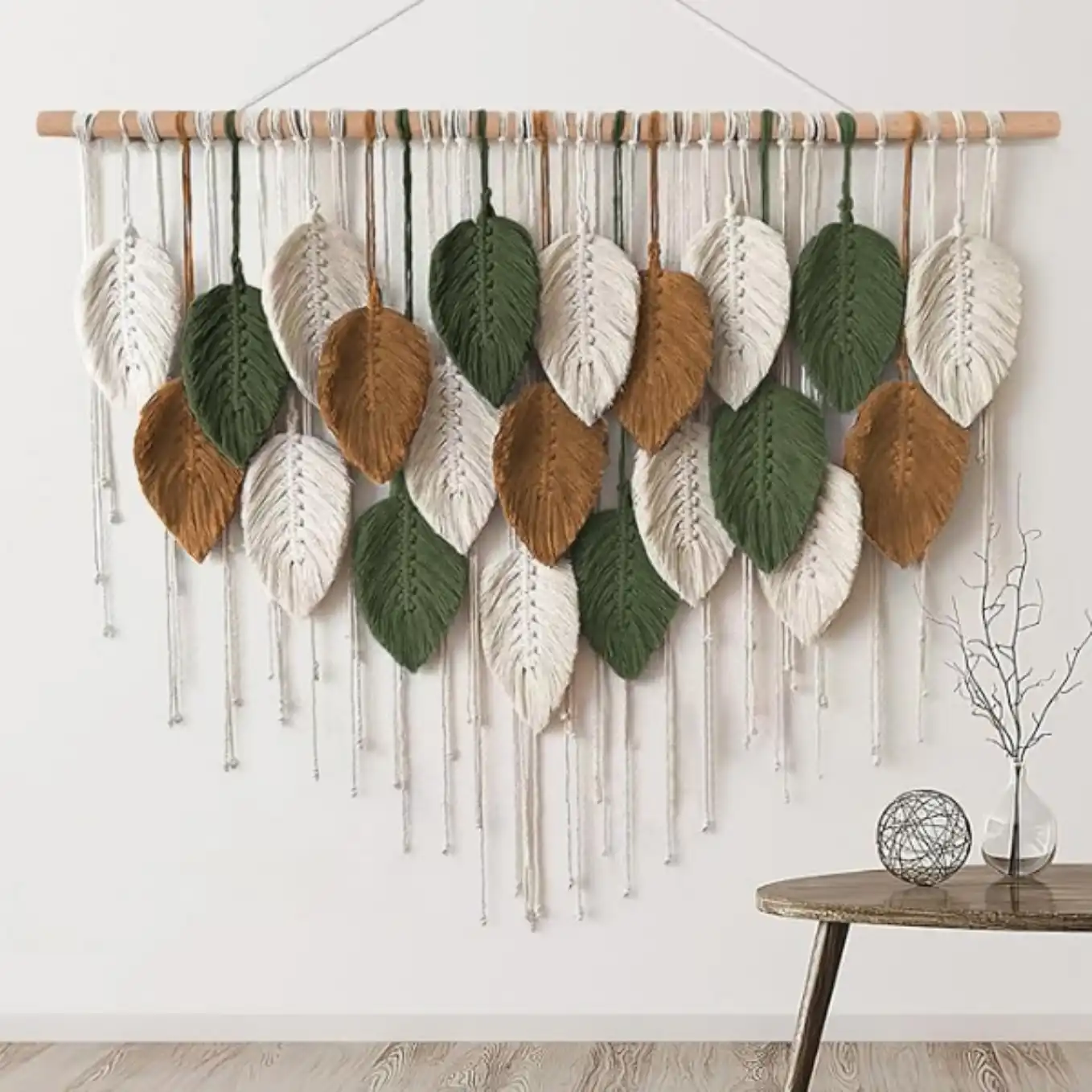 KHOYIME Large Macrame Wall Hanging Boho Woven Tapestry Leaf Feather Decor