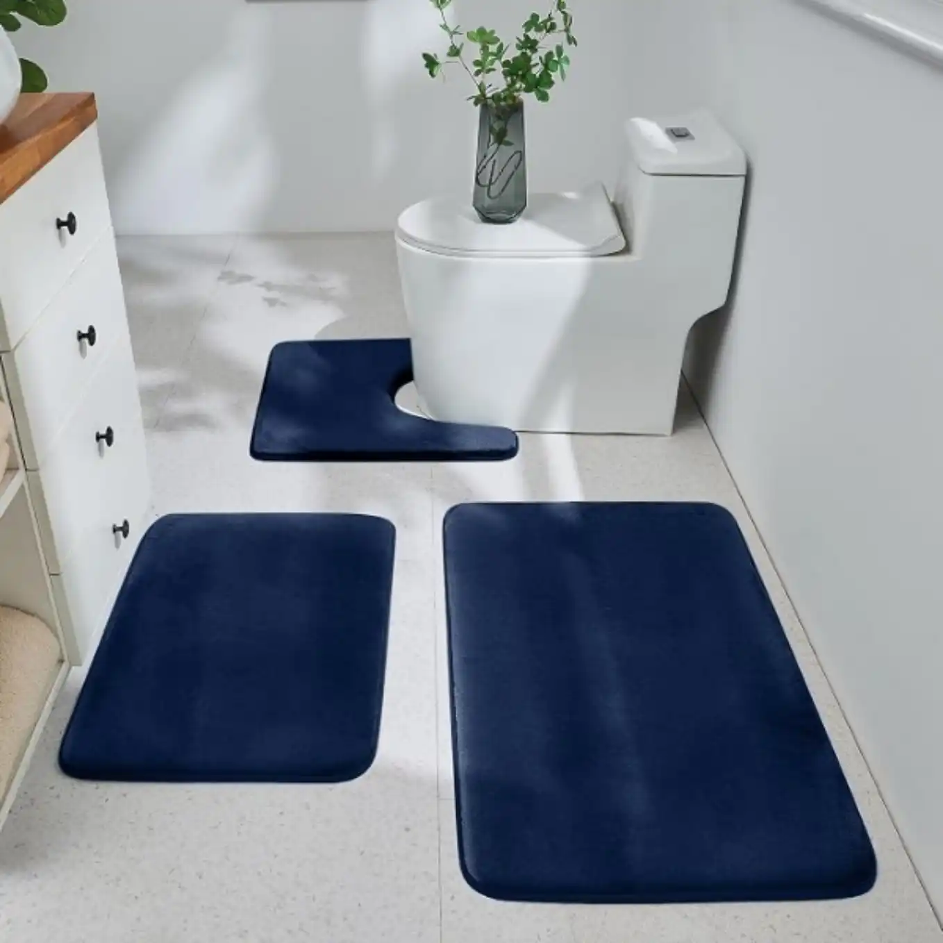 HUXMEYSON Navy Three Piece Memory Foam Bathroom Rug Set