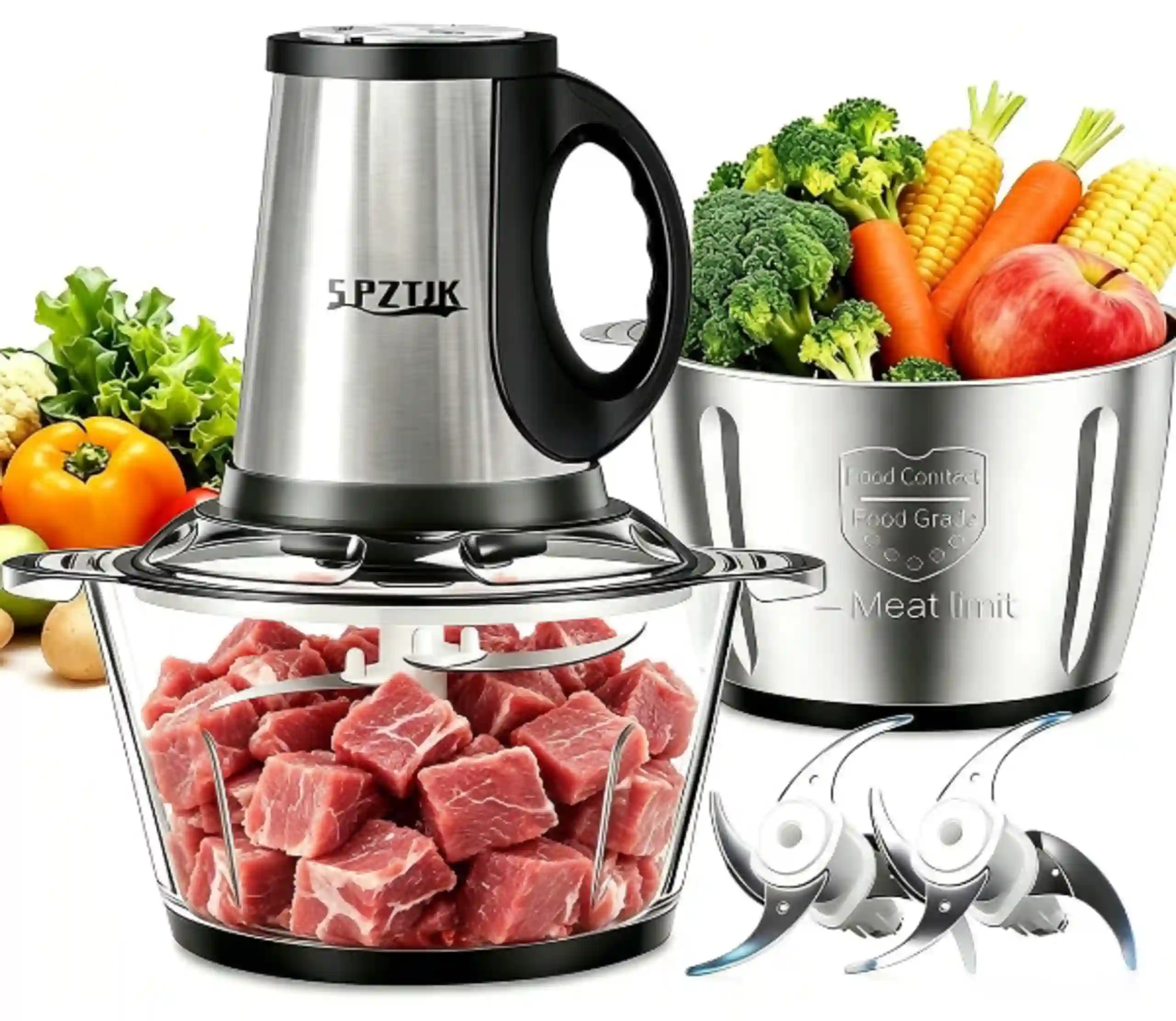 SPZTJK 3-Speed 300W Electric Food Processor with Dual 8-Cup Bowls