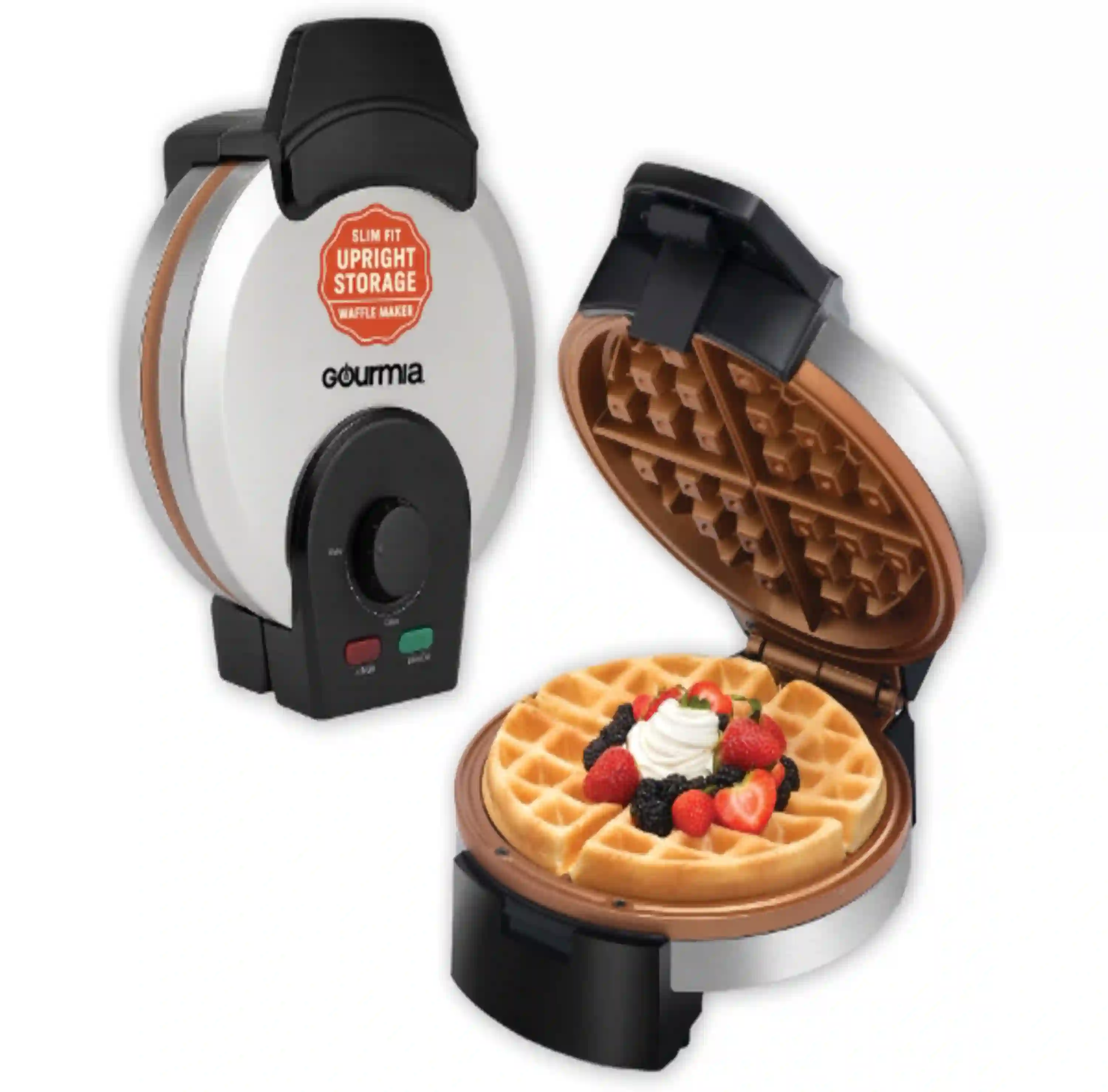 Gourmia Belgian Waffle Maker with Upright Storage, Adjustable Browning, and Ceramic Plates