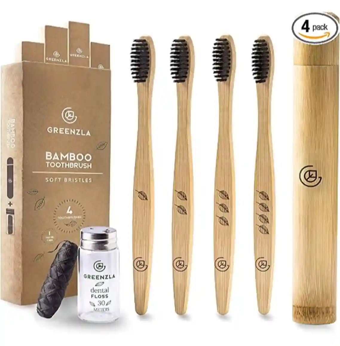 Greenzla Bamboo Toothbrushes Wooden Toothbrush Set with Soft Bristles Includes Travel Case and Charcoal Dental Floss 4 Pack