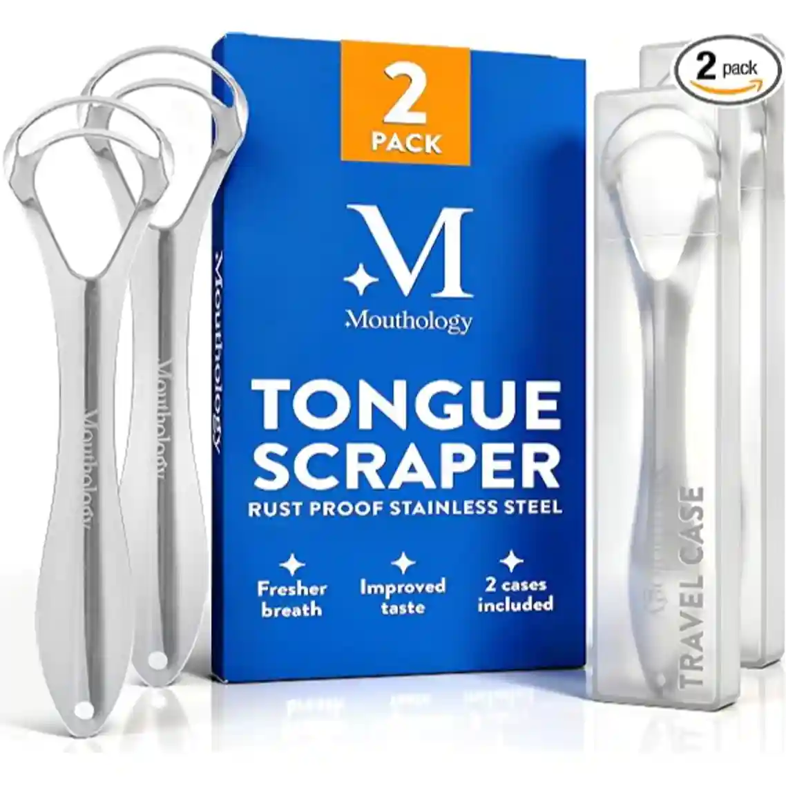 Mouthology Tongue Scraper for Adults 2 Pack Stainless Steel Tongue Cleaner Set