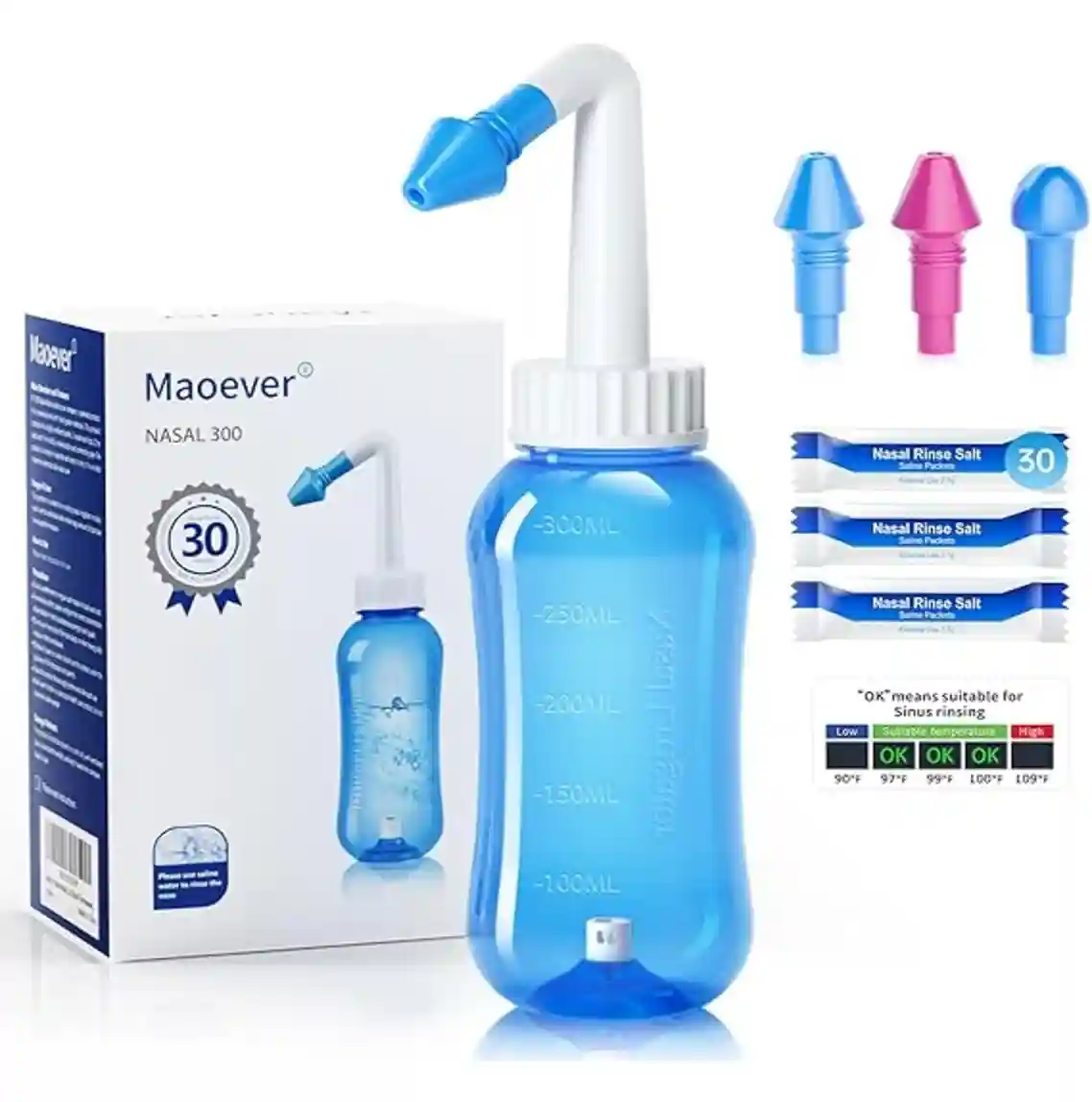 MAOEVER Neti Pot Sinus Rinse Bottle 300 ML with 30 Packets and Thermometer