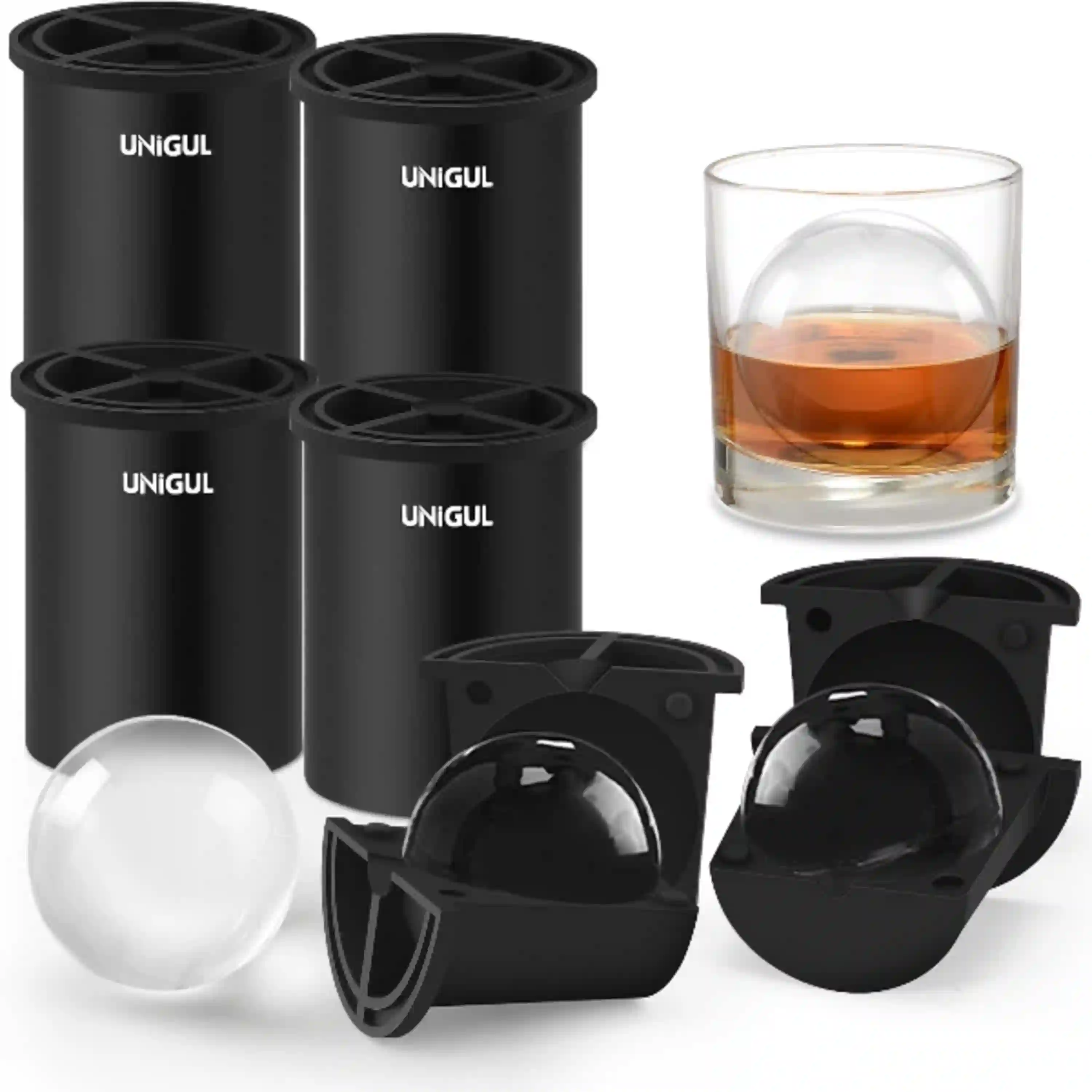 Unigul Stainless Steel Clear Ice Cube Maker Non-BPA Silicone Sphere Molds Four Pack