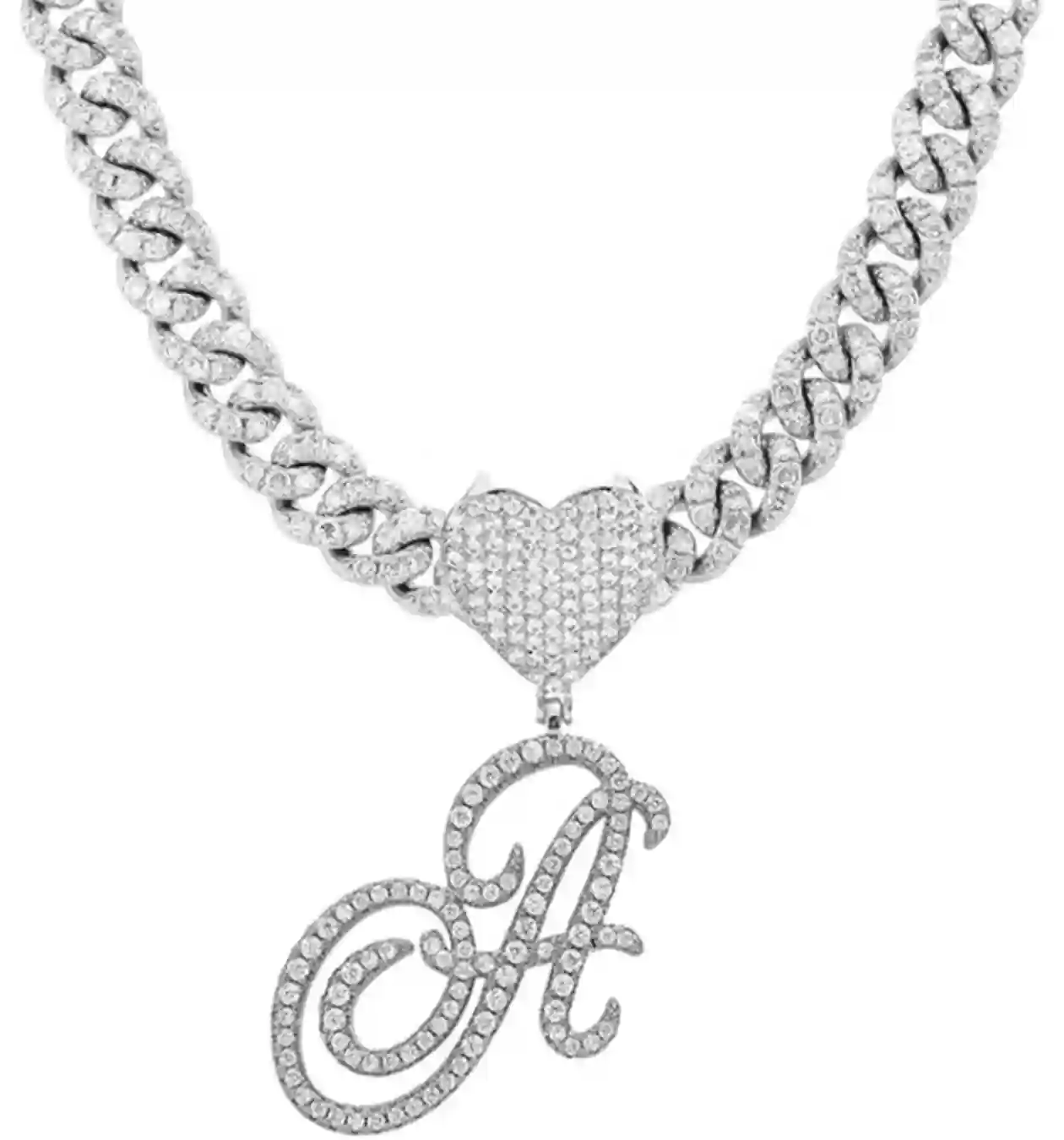 Initial Necklaces Silver Cuban Link Chain for Women Iced Out Chain with Heart Pendant