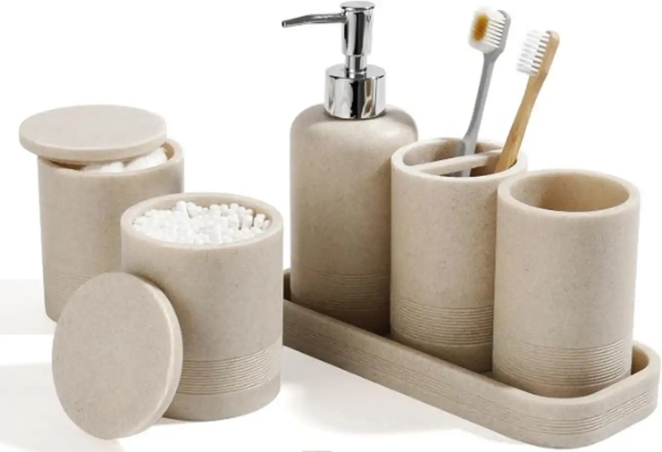YMXYJM 6-Piece Bathroom Accessory Set with Vanity Tray and Swab Jars